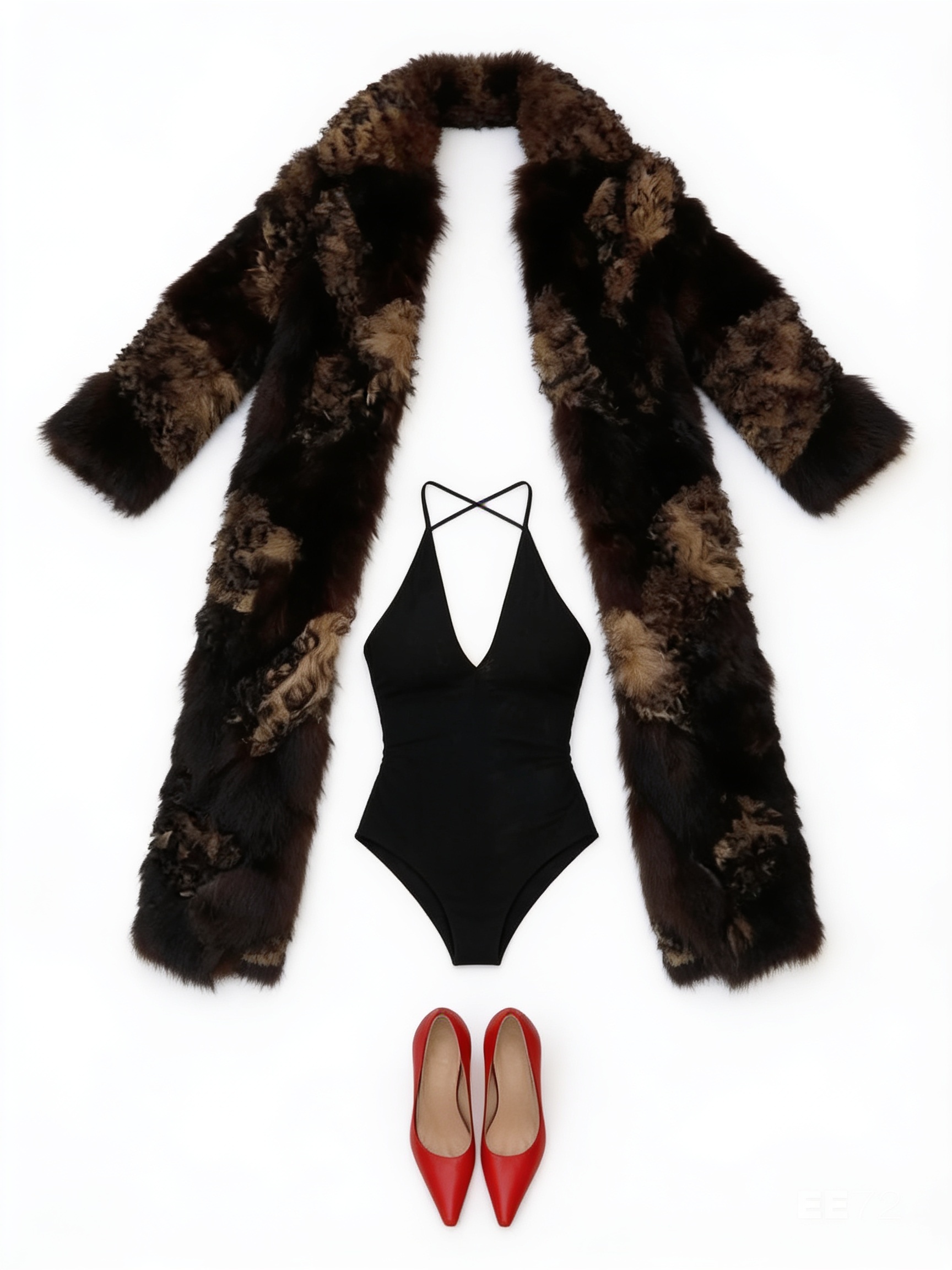 Black bodysuit and textured coat with red pumps