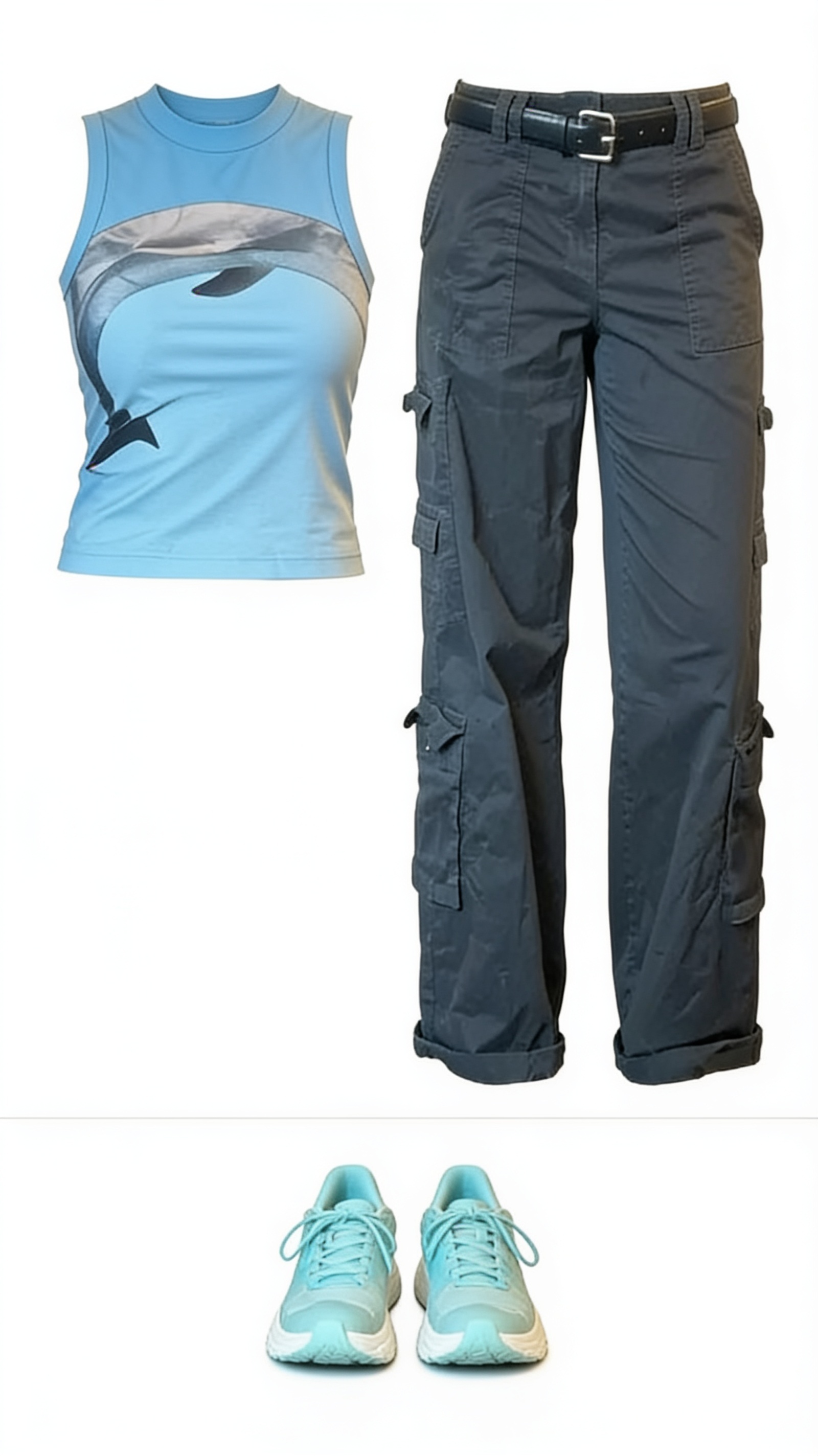 Pale blue graphic top and charcoal cargo trousers