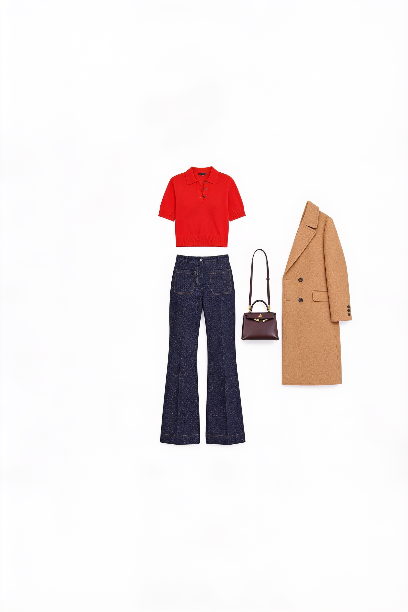 Red polo top and dark flared jeans
