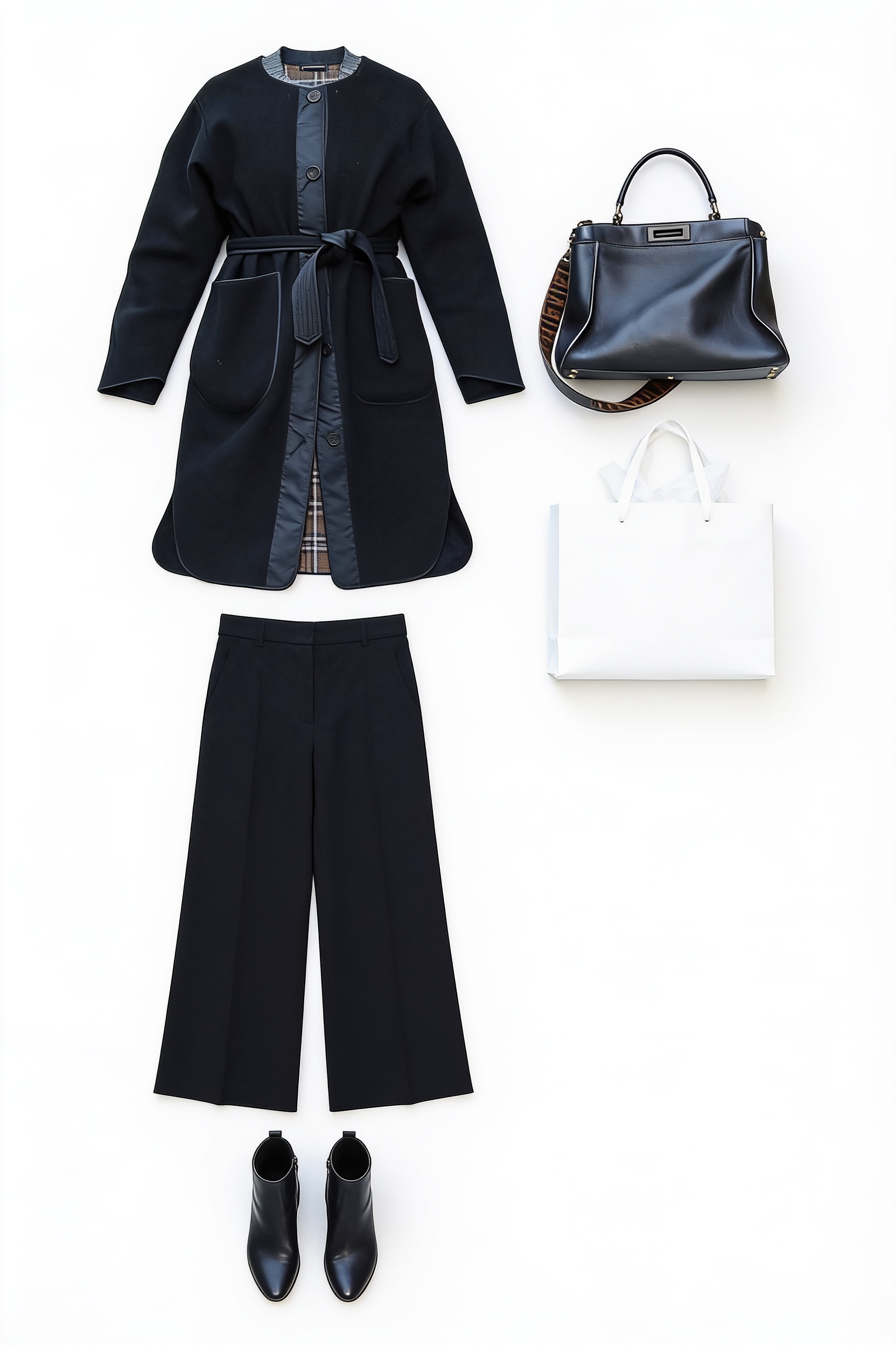 Black belted coat and wide-leg trousers