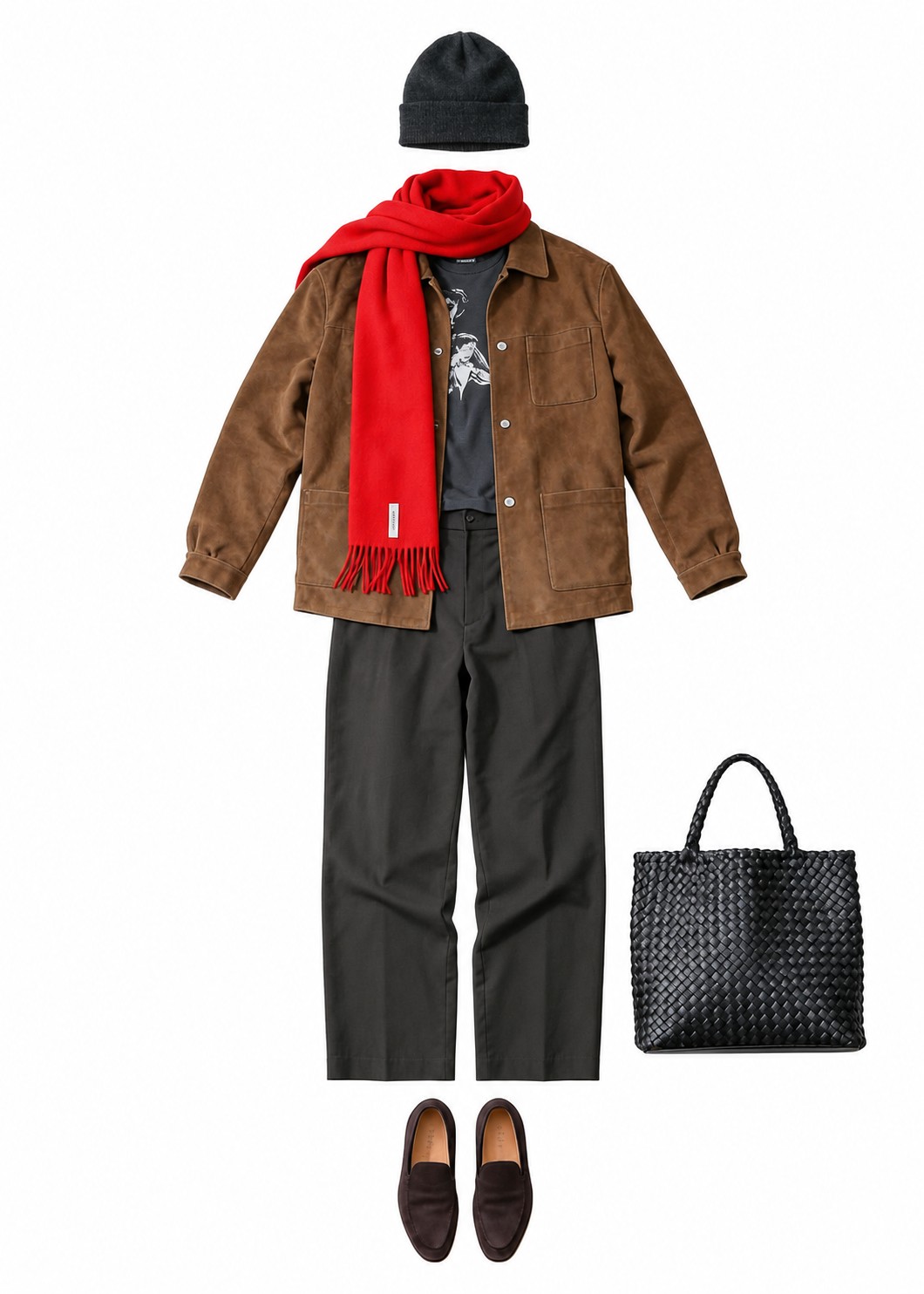 Brown suede shirt and charcoal trousers