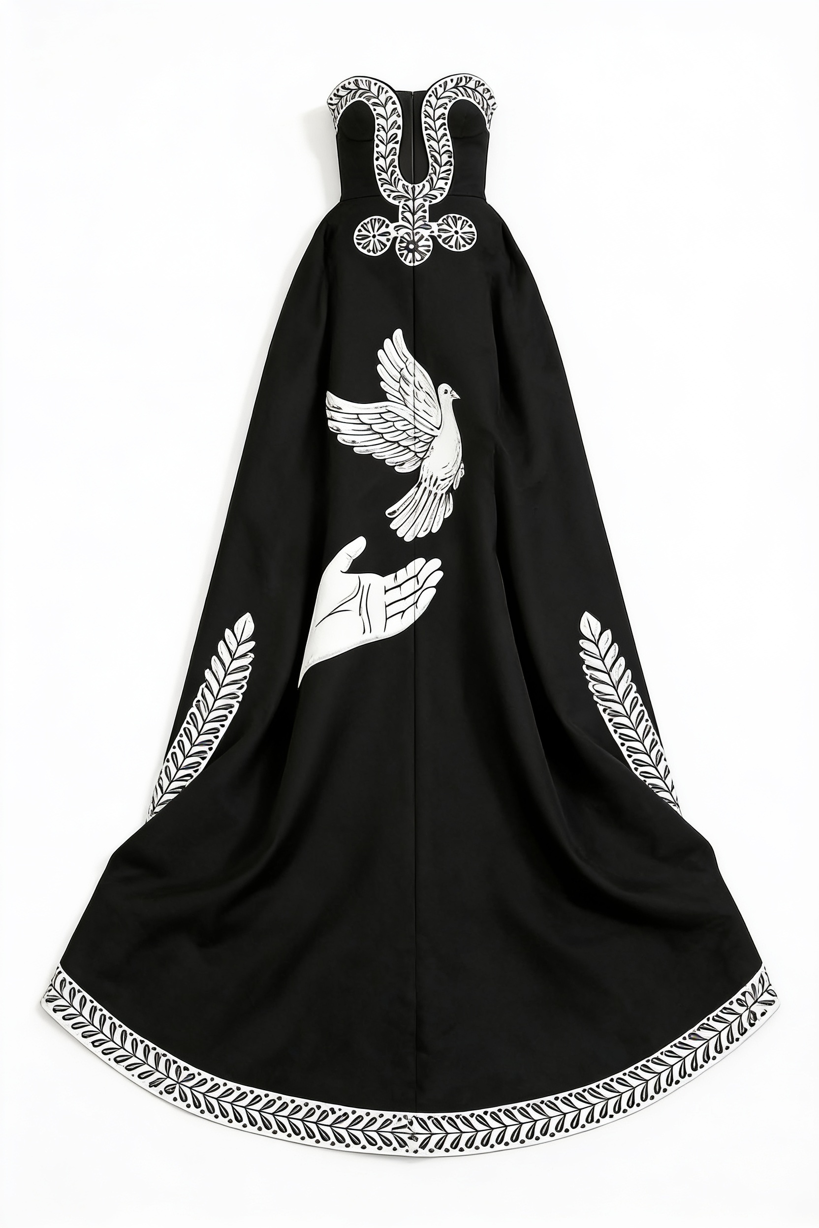 Black strapless gown with white bird motifs