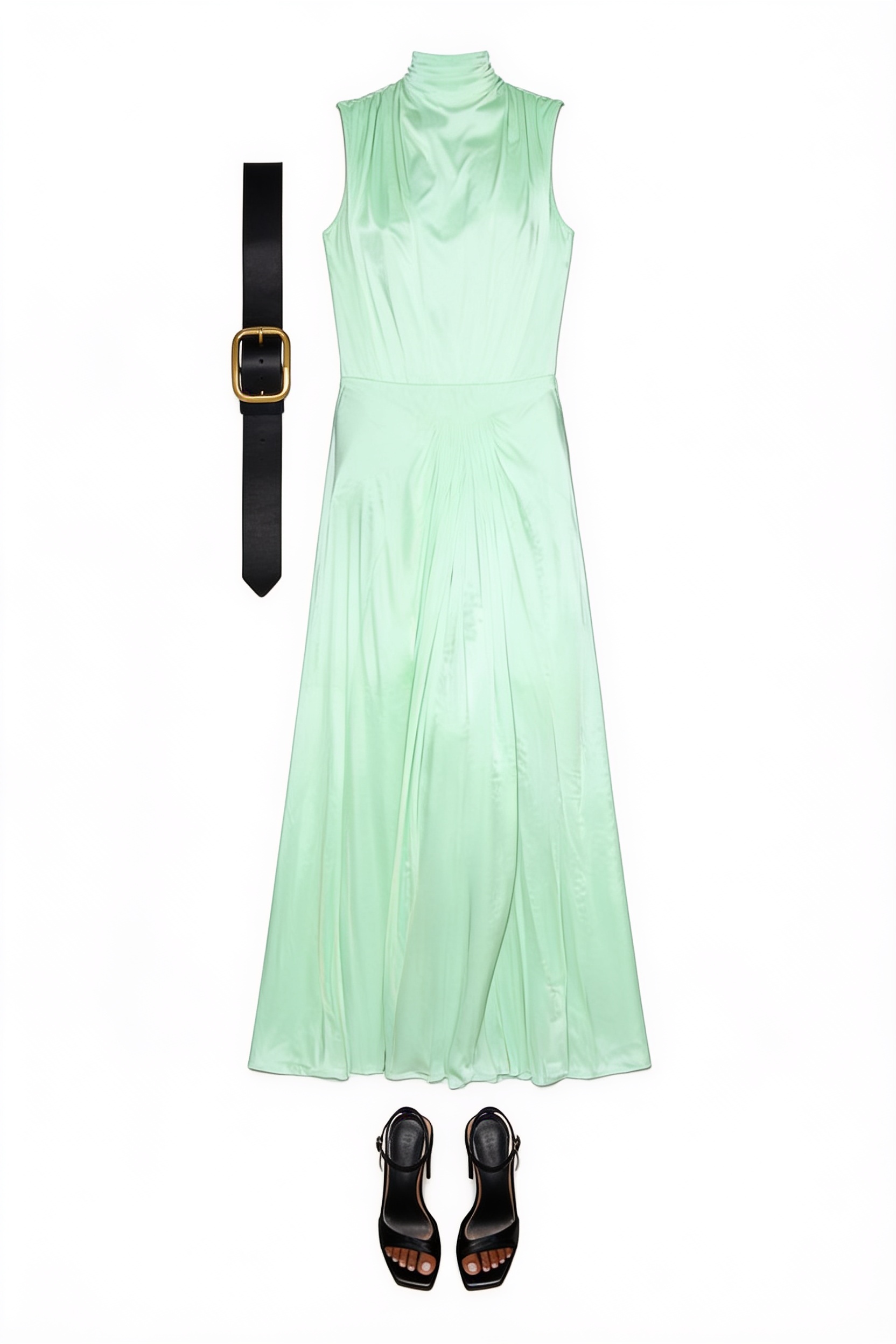 Mint belted pleated halter dress