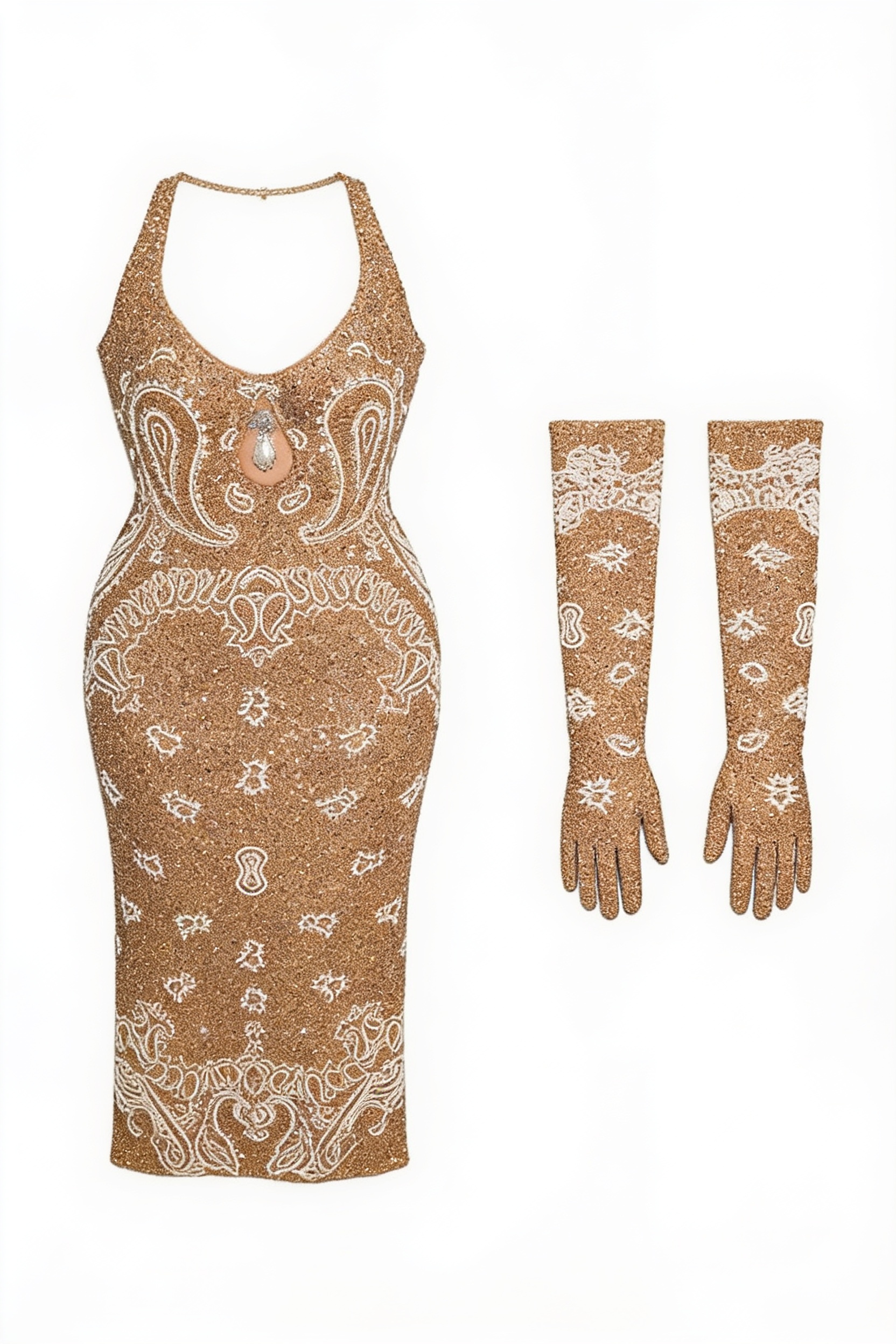 Gold paisley embellished halter gown