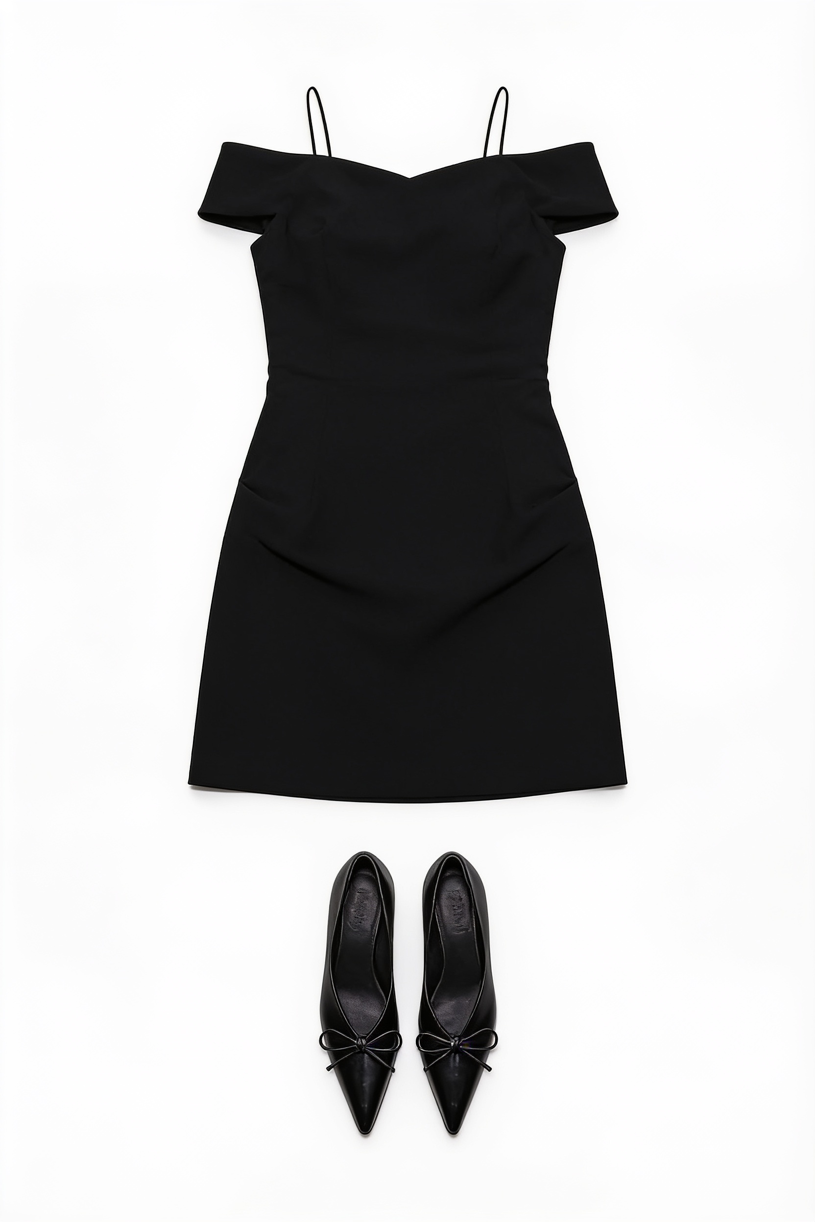 Black off-shoulder mini dress and pointed pumps