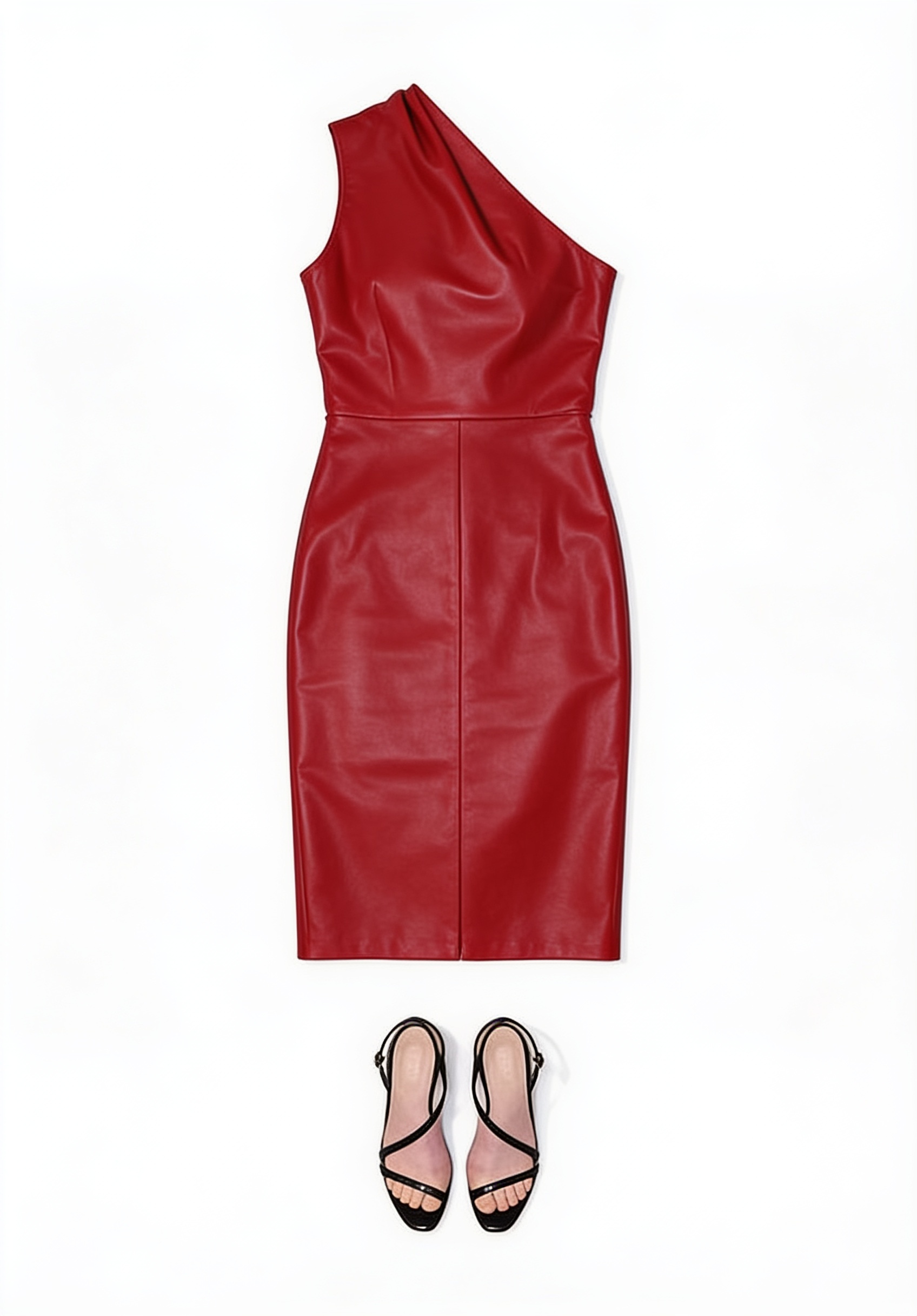 Red leather asymmetric midi dress