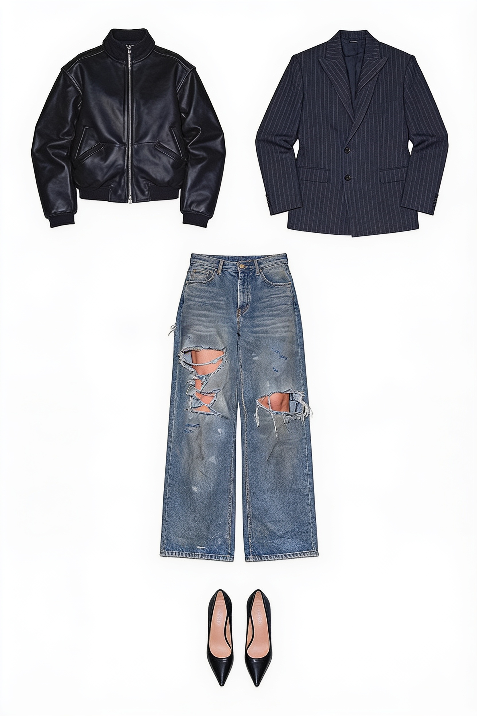 Black leather bomber jacket and ripped jeans