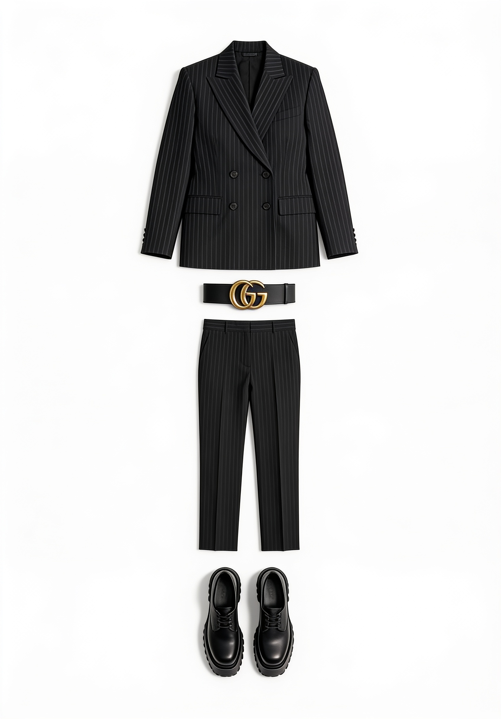 Black belted blazer and flared trousers