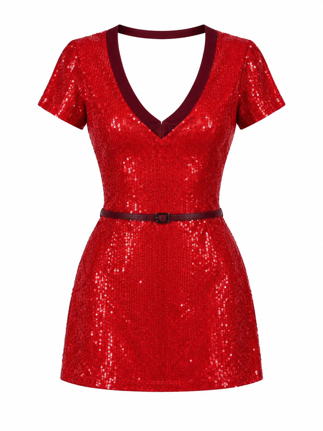 Red sequin mini dress with black trim