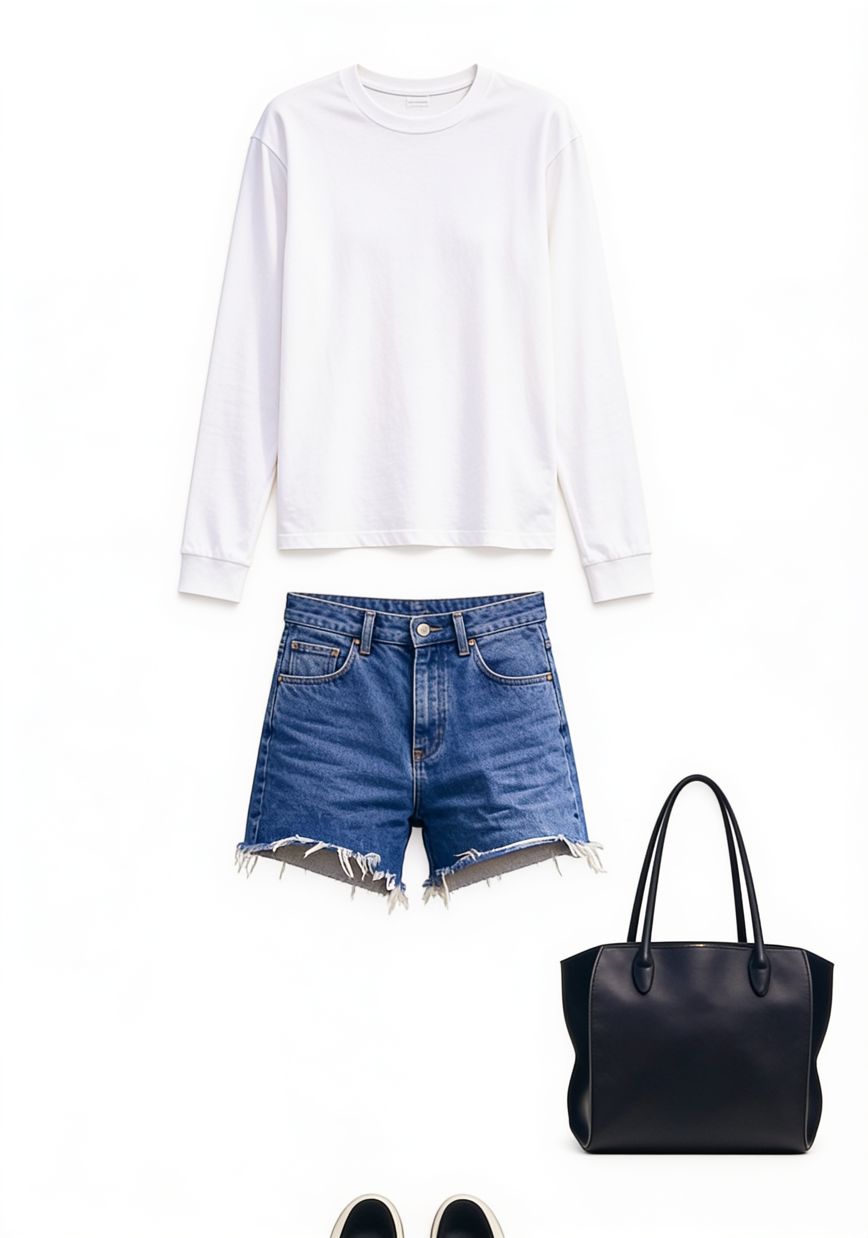 White long-sleeve tee and denim shorts
