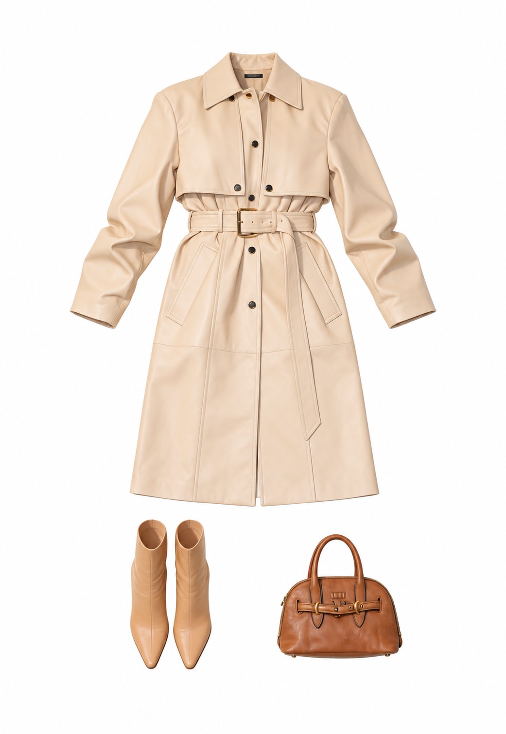 Beige belted trench and knee-high boots