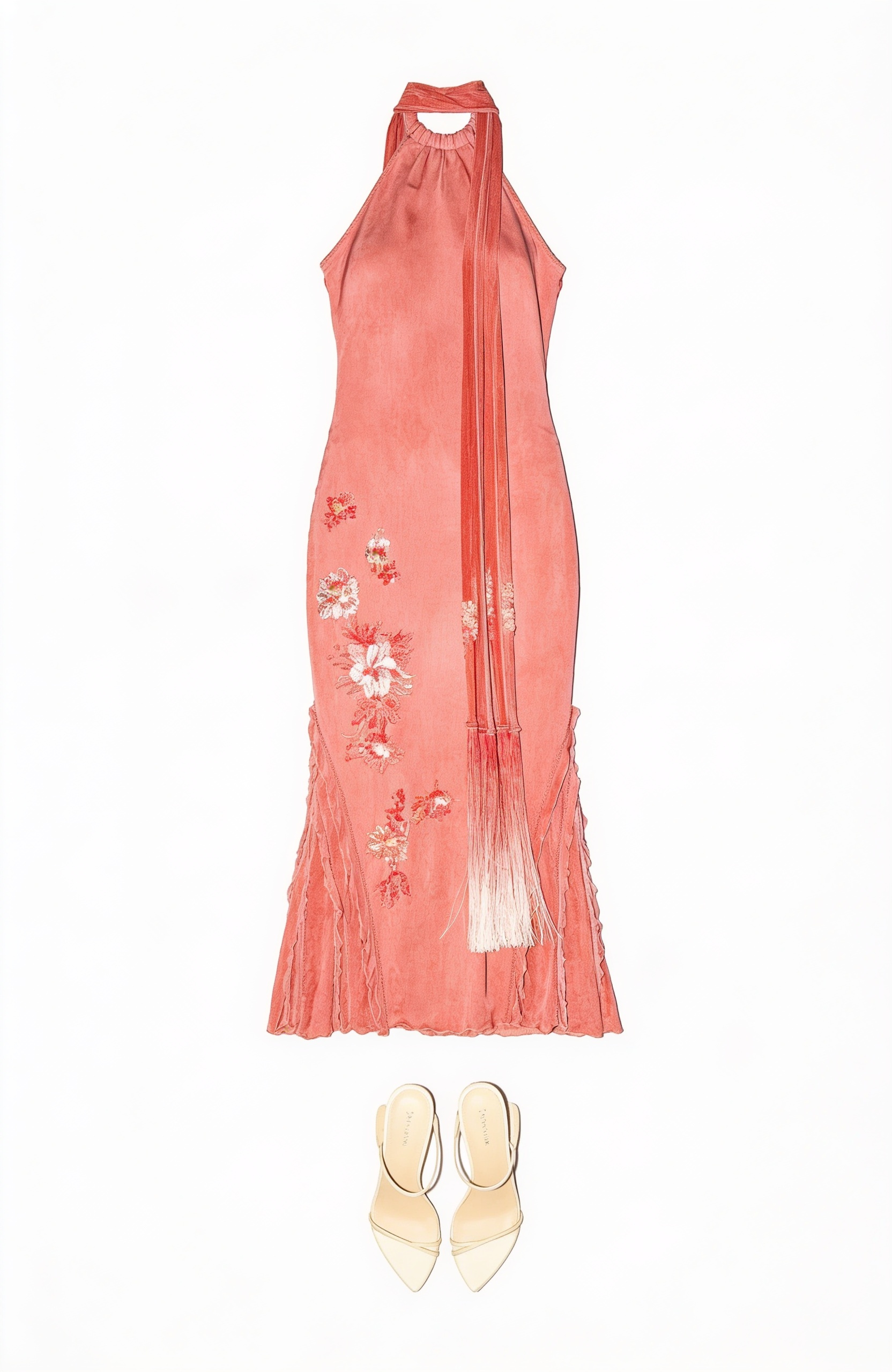 Coral slip dress and gold sandals