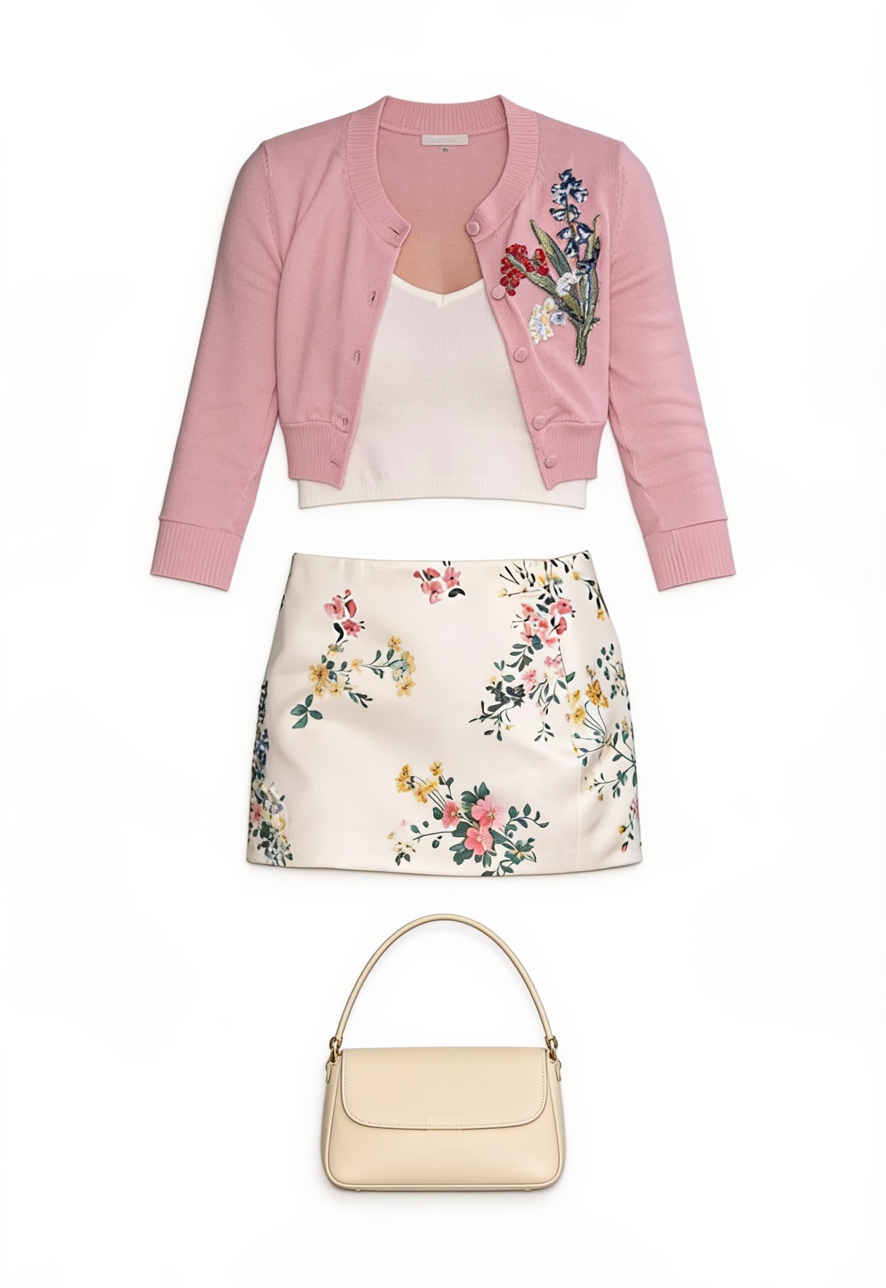 Pink embroidered cardigan and floral mini skirt
