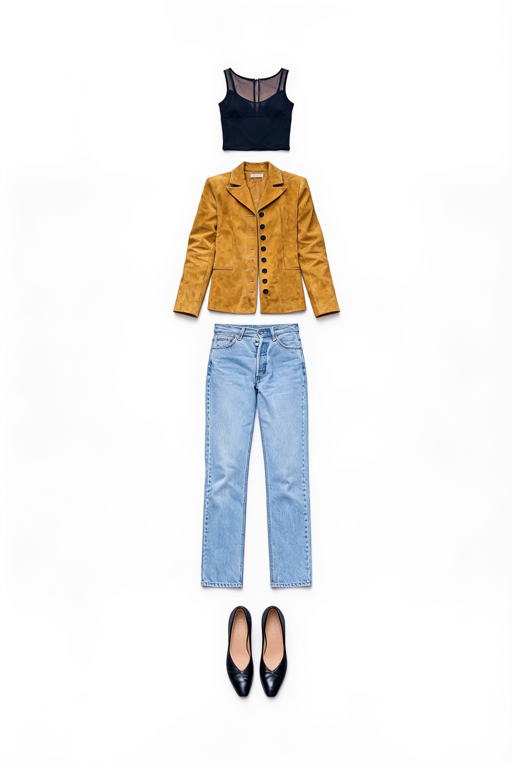 Ochre suede blazer and blue jeans