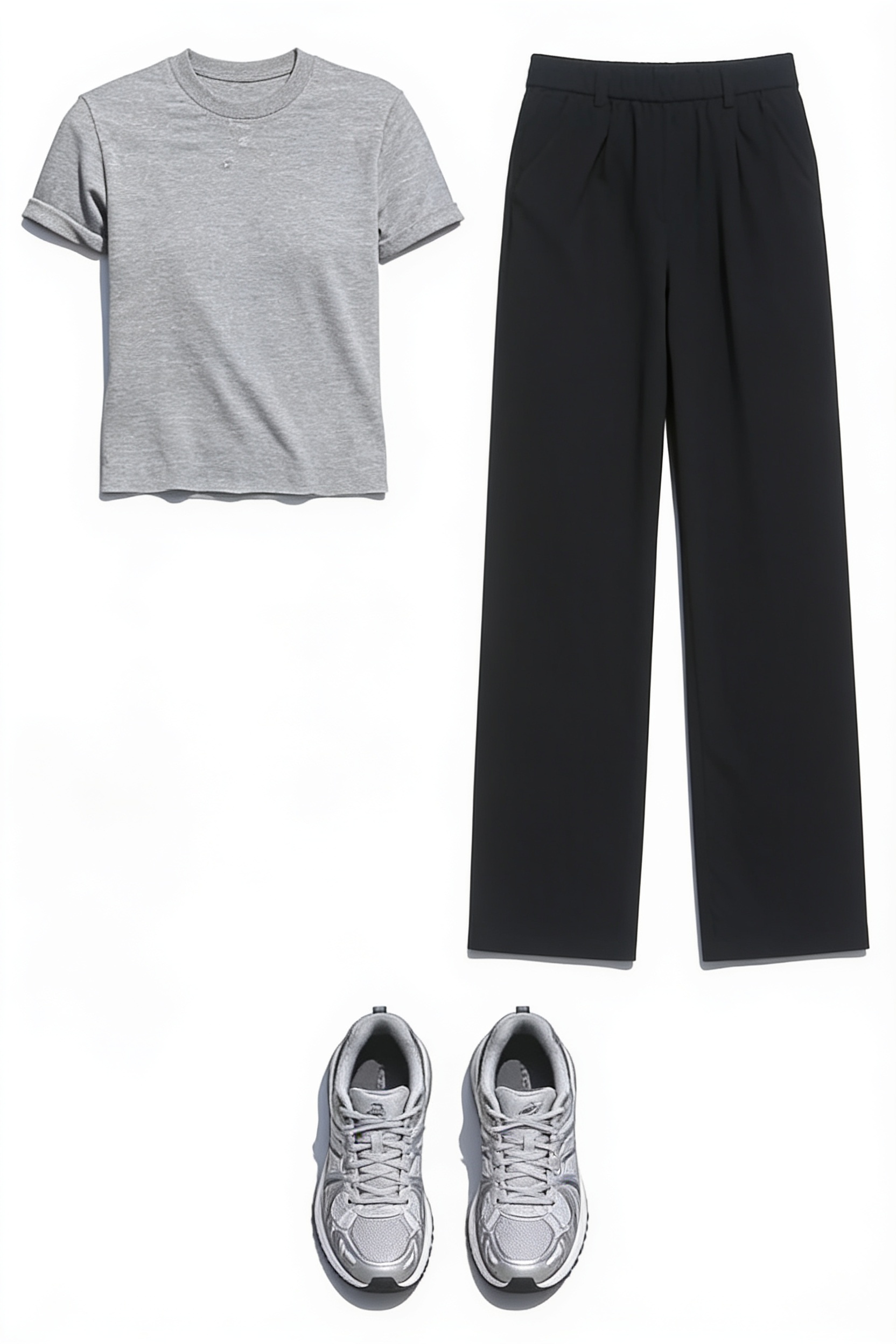 Grey tee and black wide-leg trousers