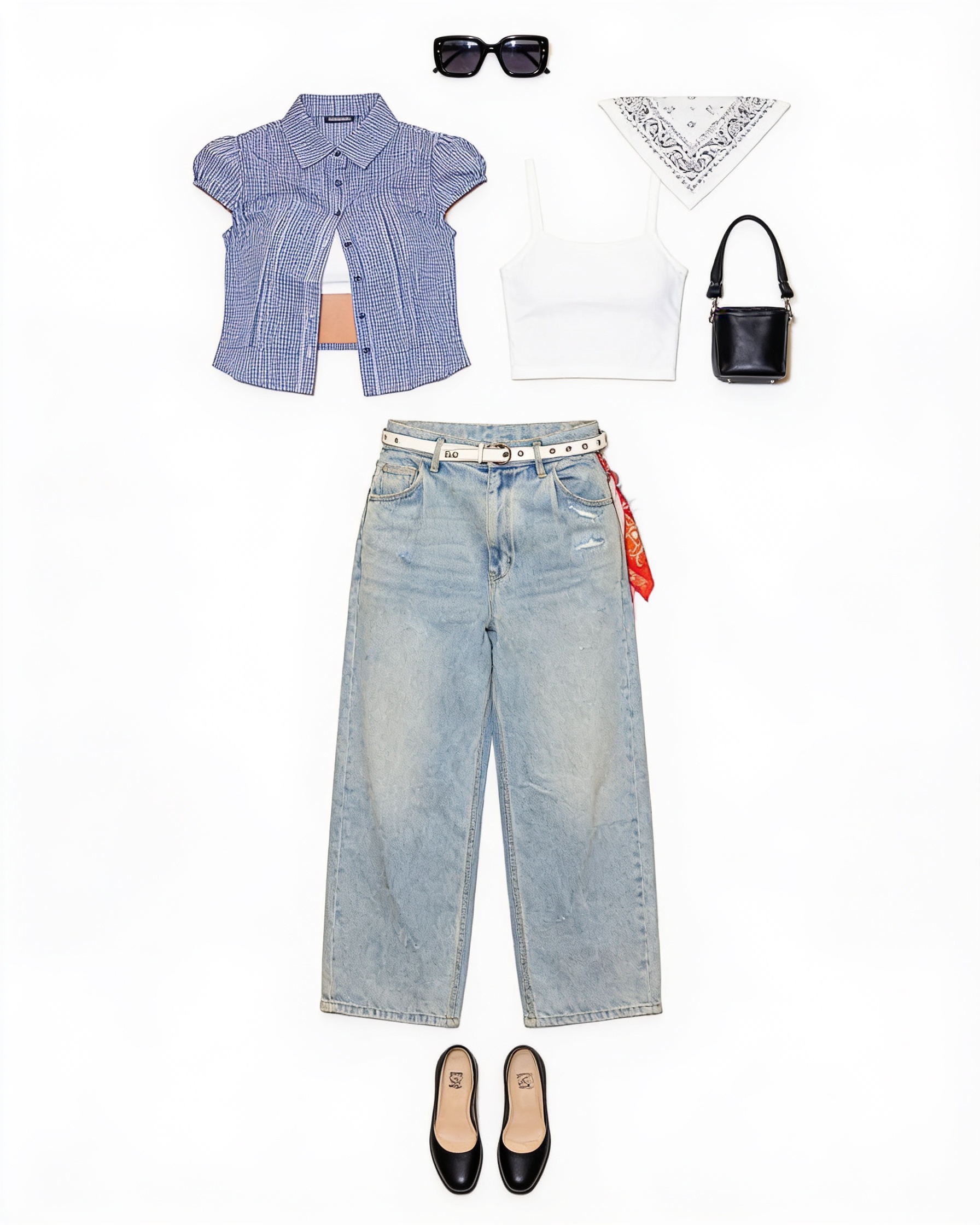 Blue check cropped shirt and faded jeans