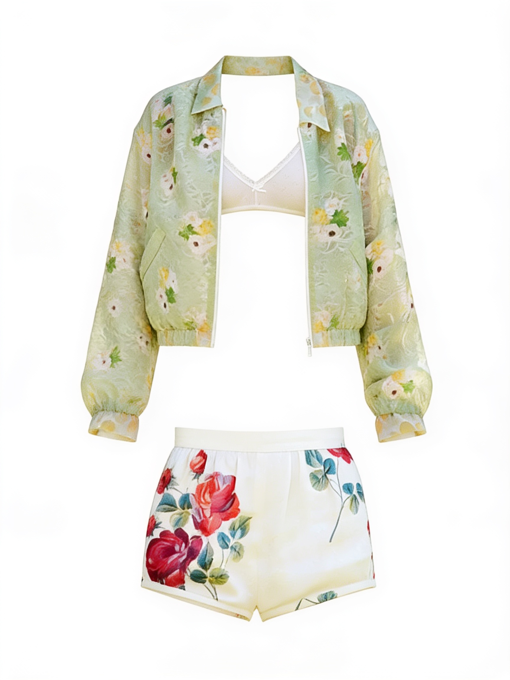 Pale green printed jacket and floral shorts