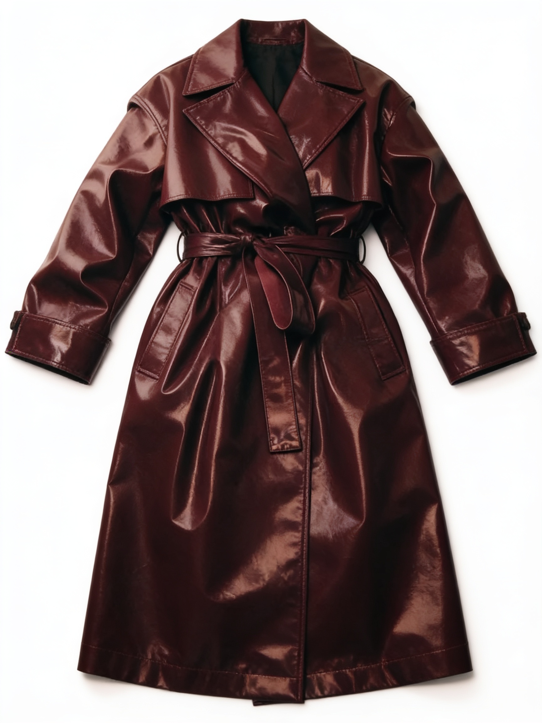 Burgundy belted leather trench coat