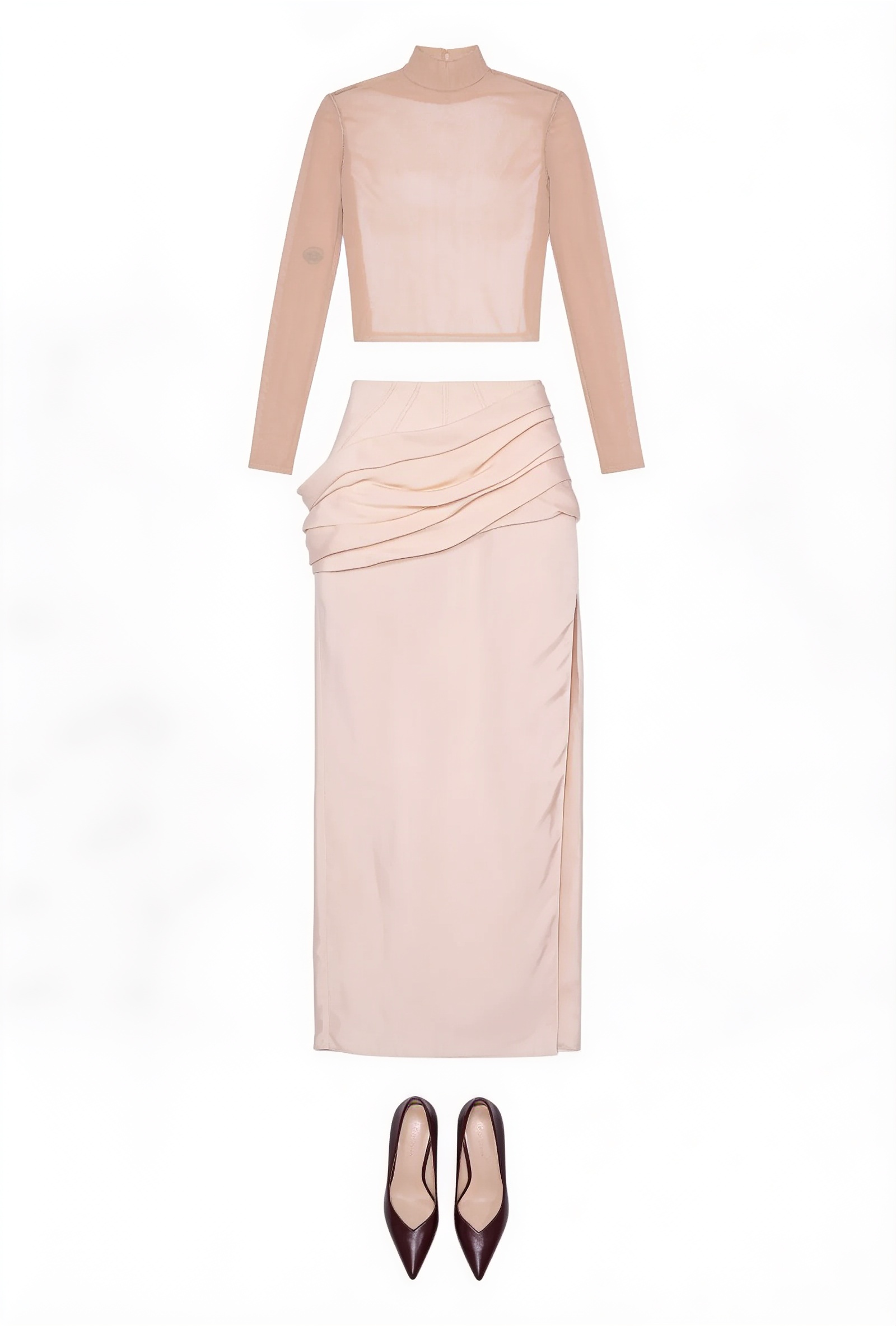 Beige fitted top and champagne satin maxi skirt