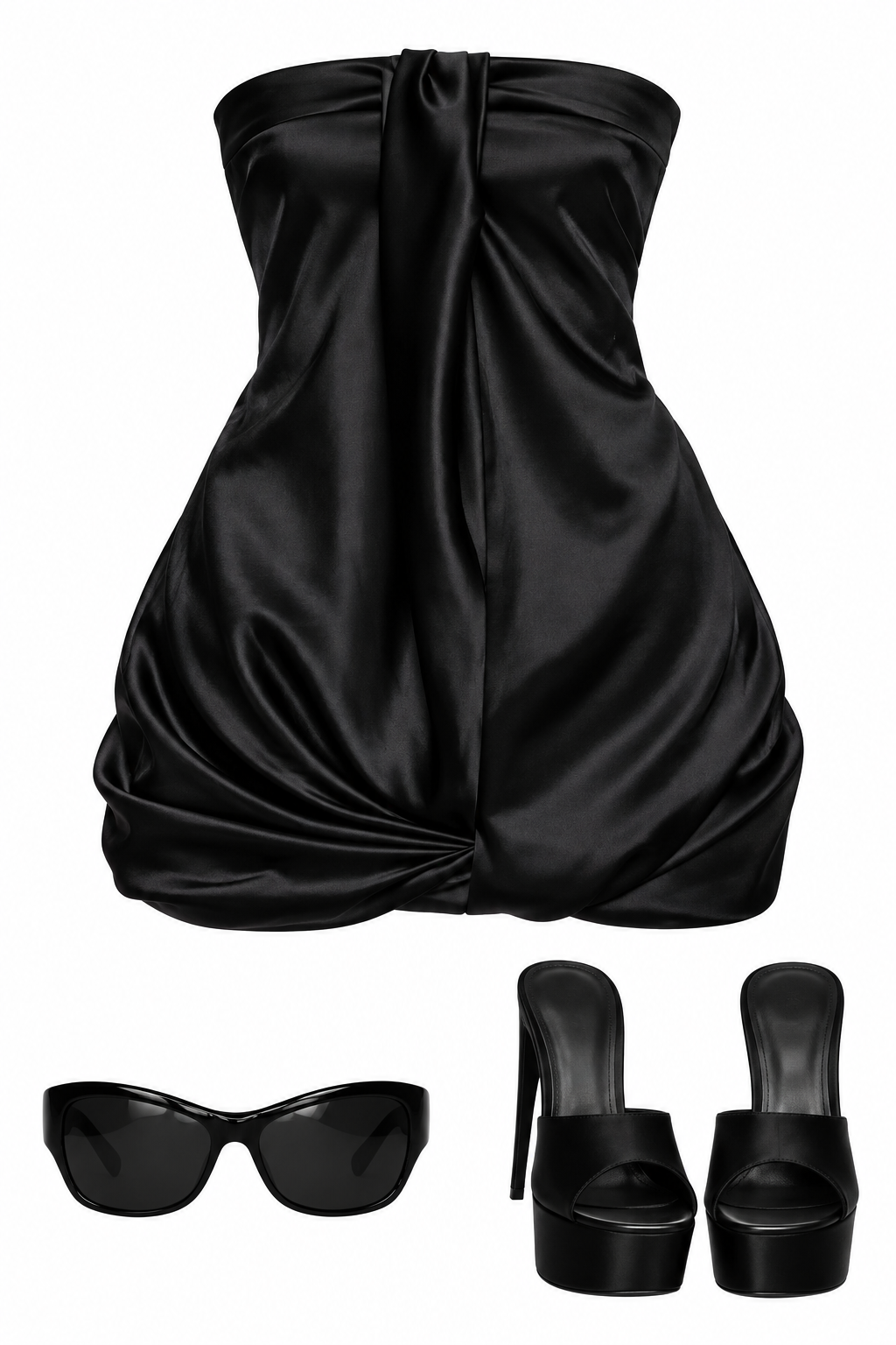 Black strapless bubble mini dress and platform mules