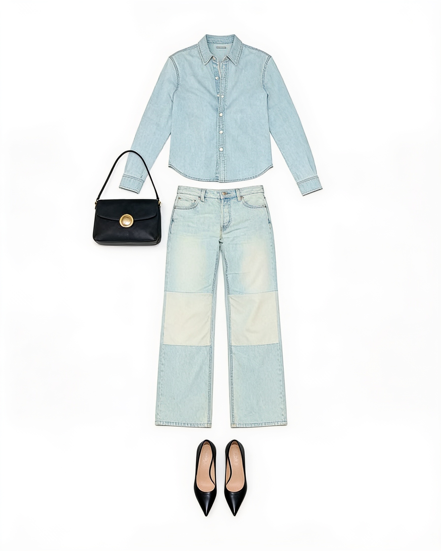 Pale blue cardigan and flared trousers