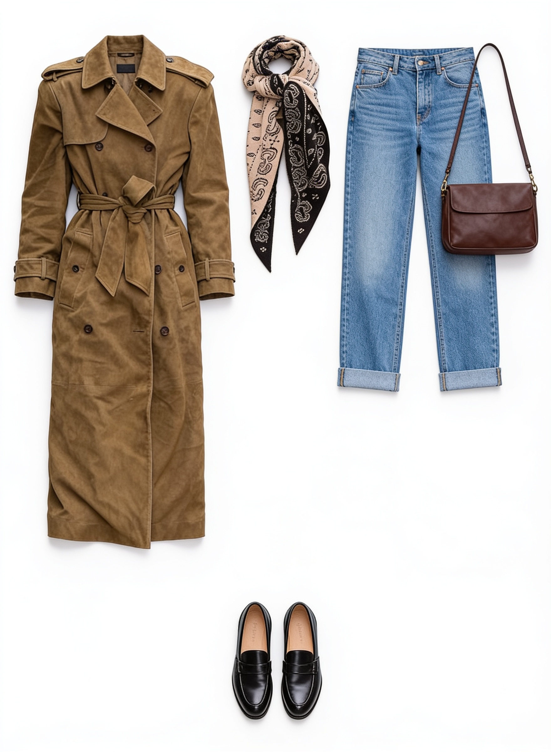 Brown suede trench coat and cropped jeans