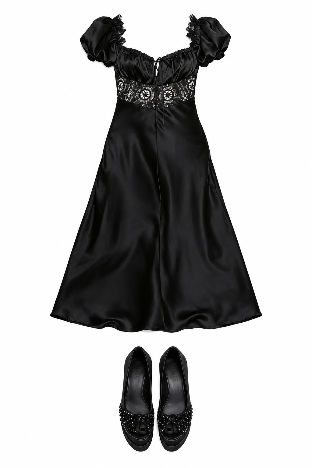 Black puff-sleeve lace-panel maxi dress