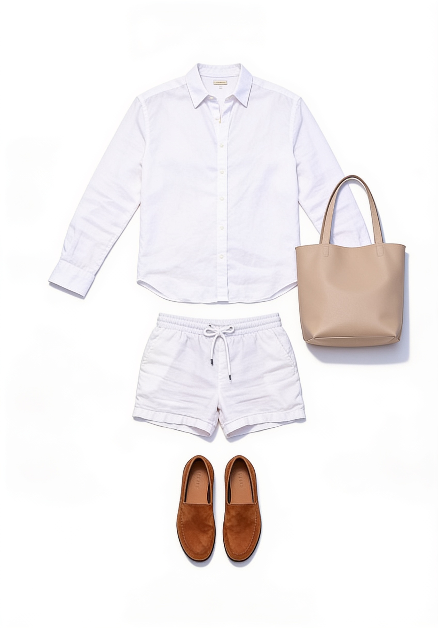 White relaxed shirt and frayed denim shorts