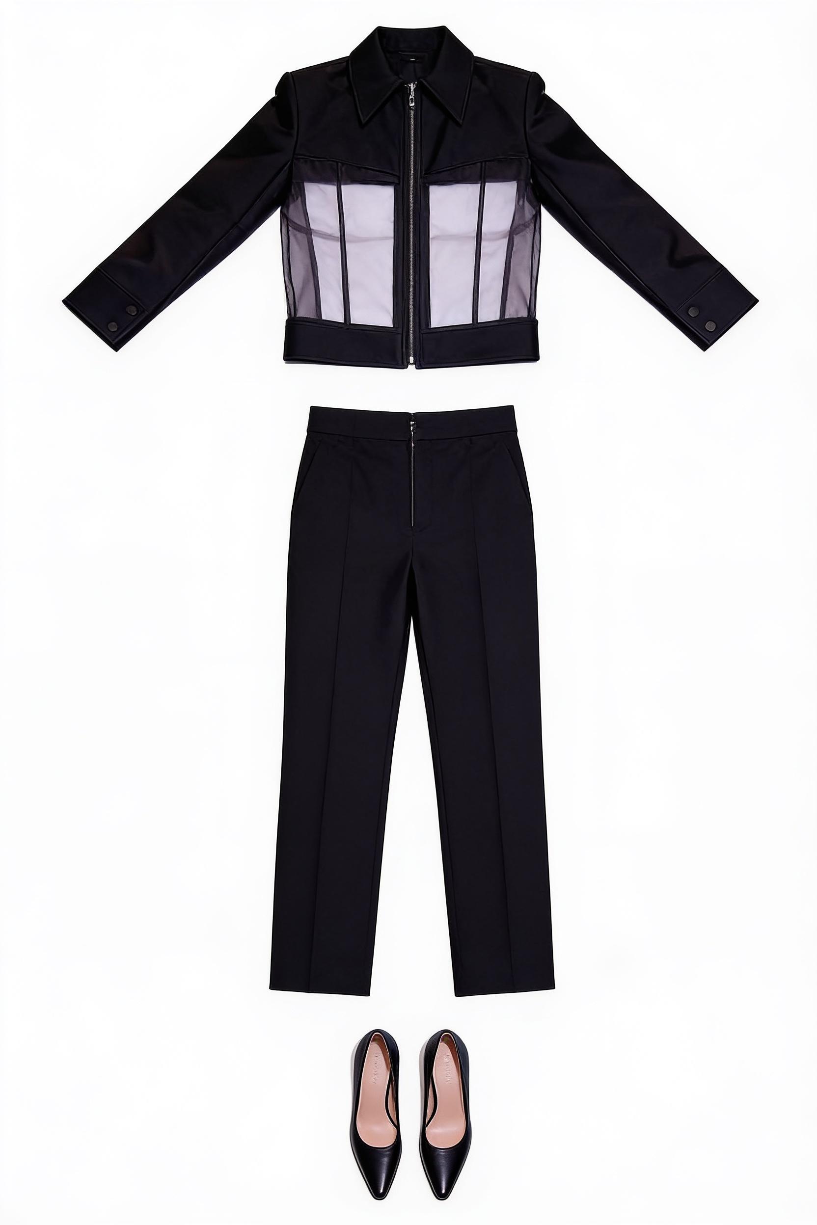 Black sheer-panel jacket and tailored trousers