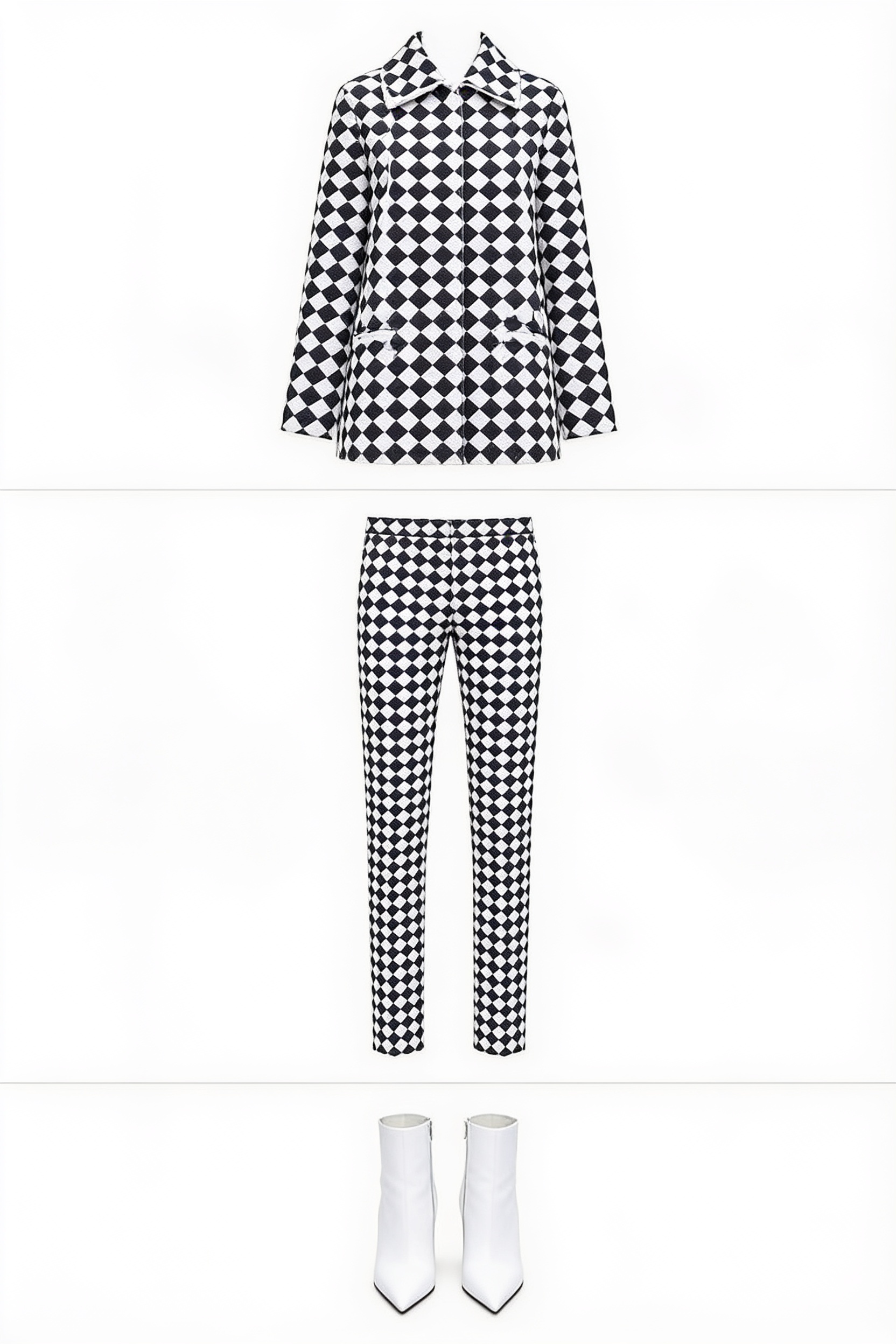 Black-and-white checked coat and fitted trousers