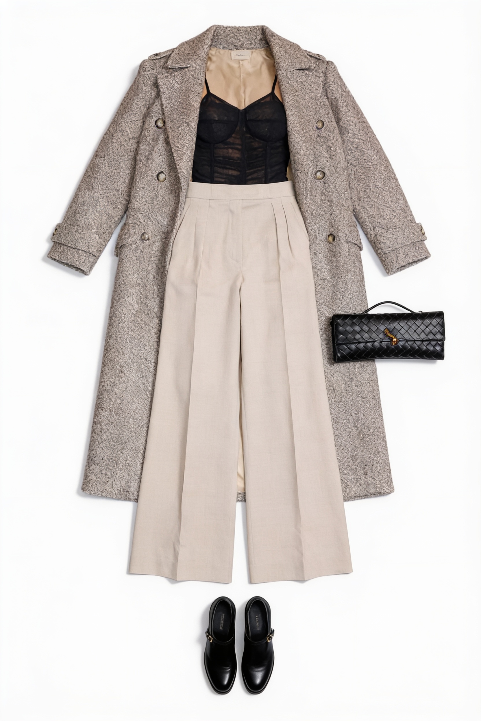 Grey long coat and wide-leg trousers with black bustier
