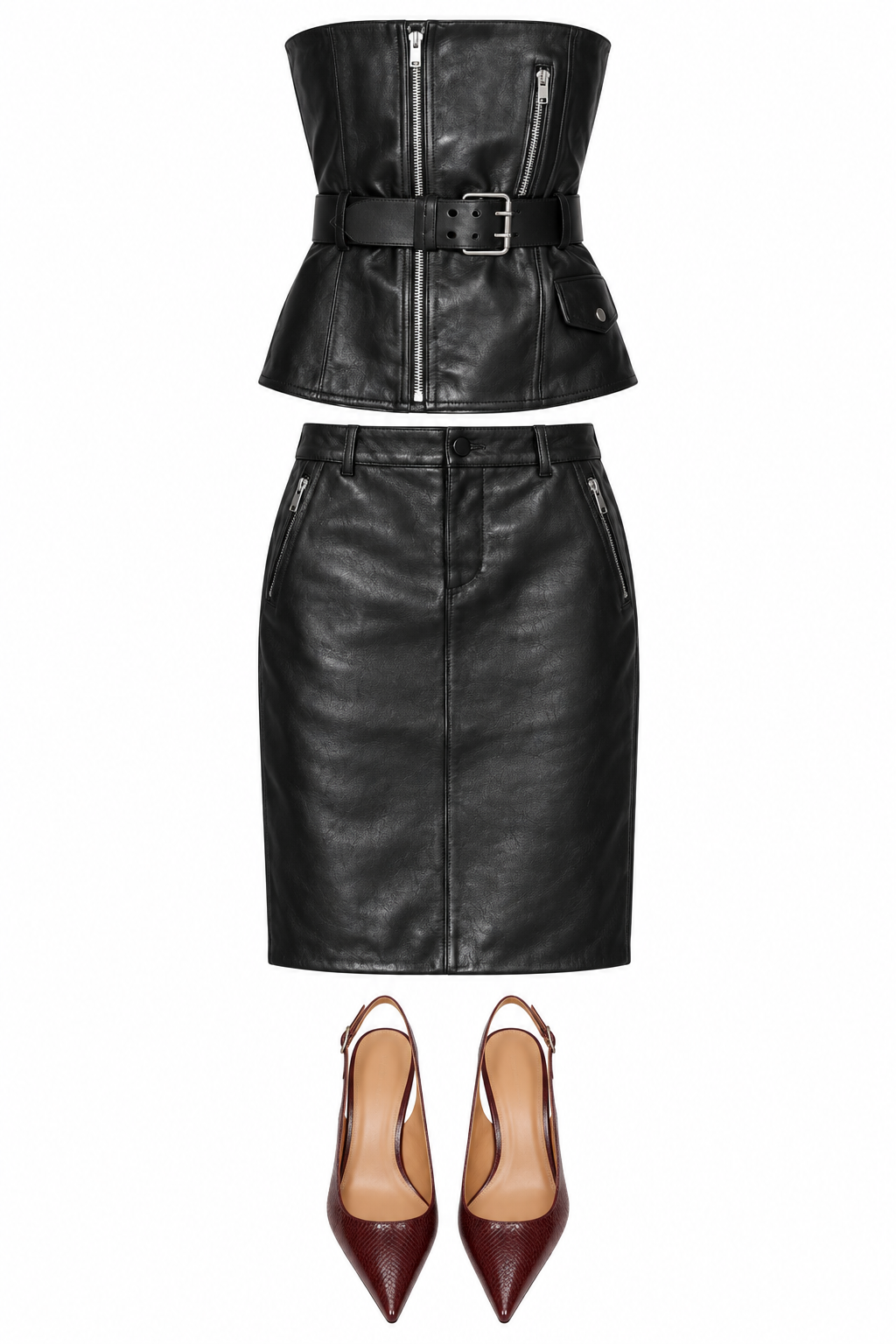 Black leather zip-front top and pencil skirt