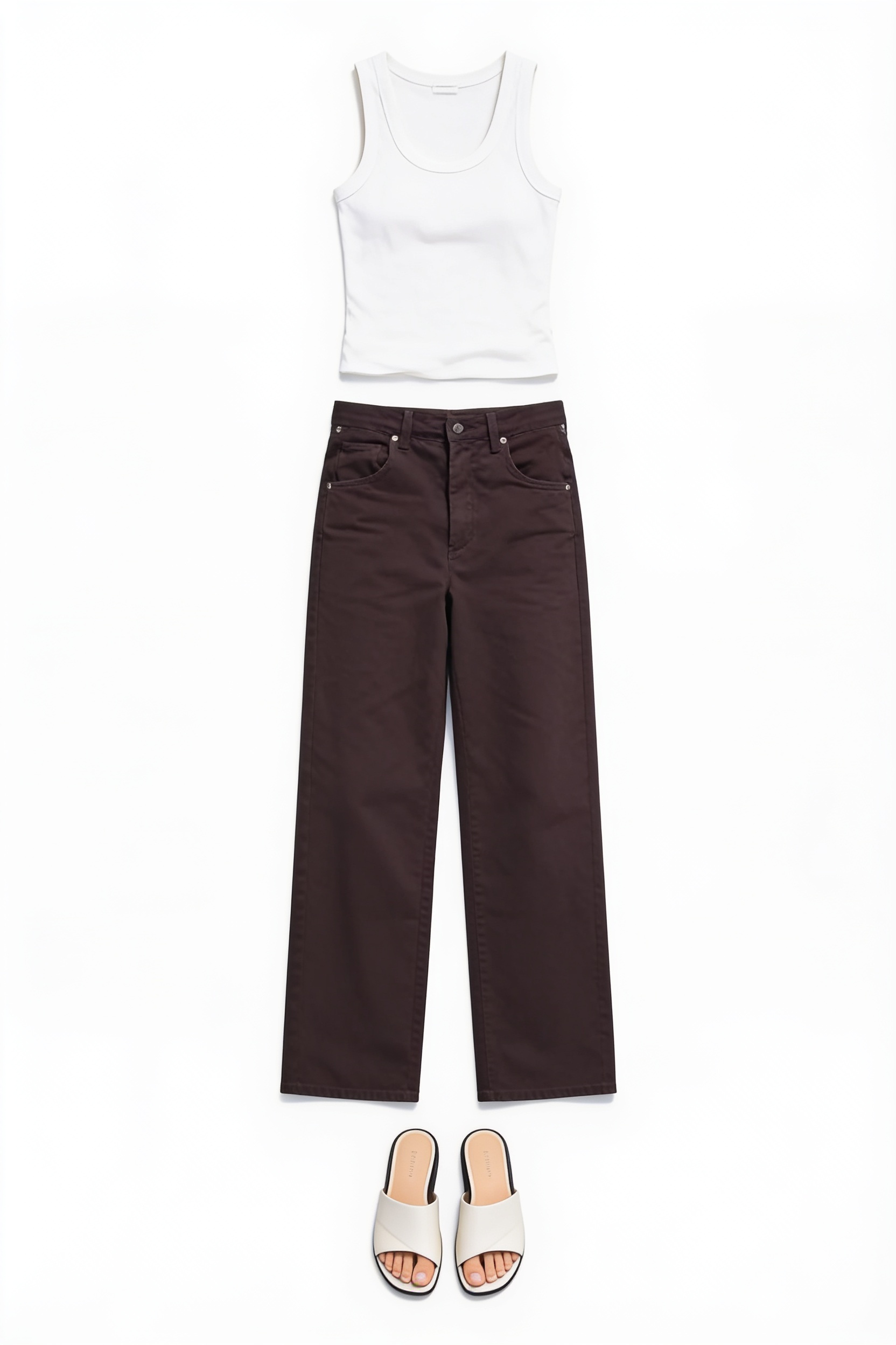 White tank and brown straight-leg trousers