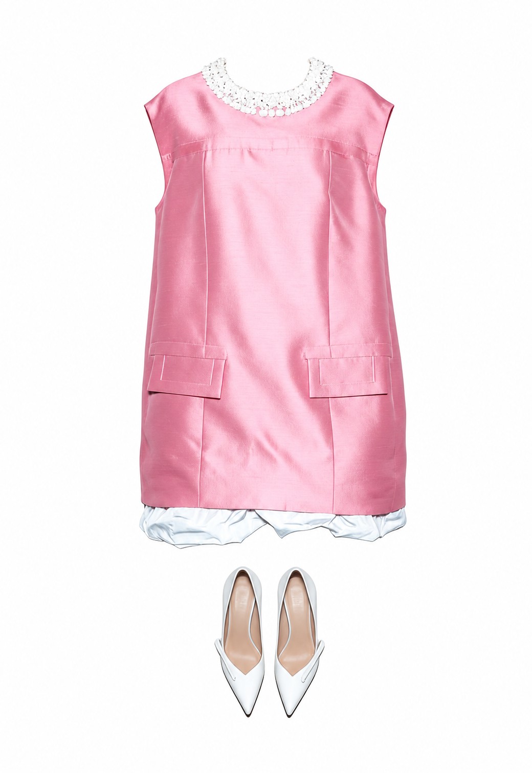 Pink satin mini dress with white trim
