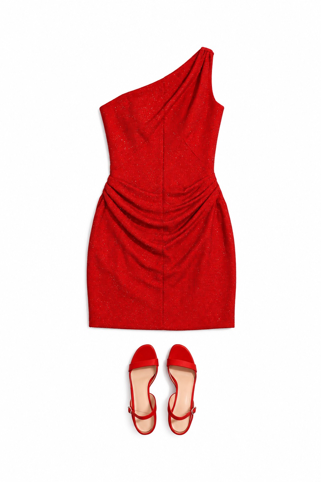 Red sequined mini dress and heels