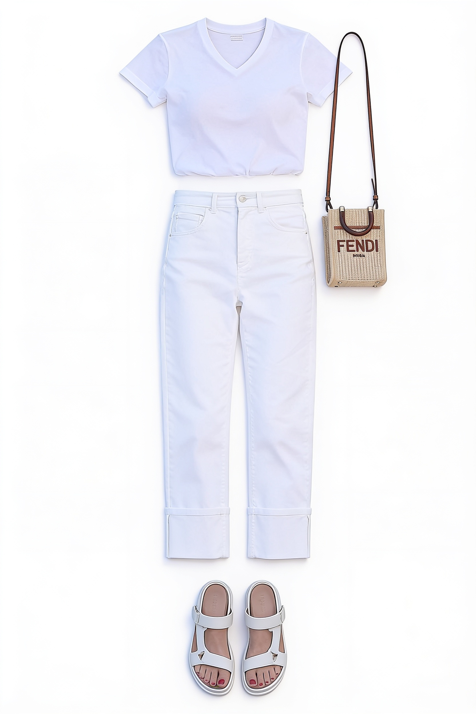 White fitted tee and straight-leg trousers