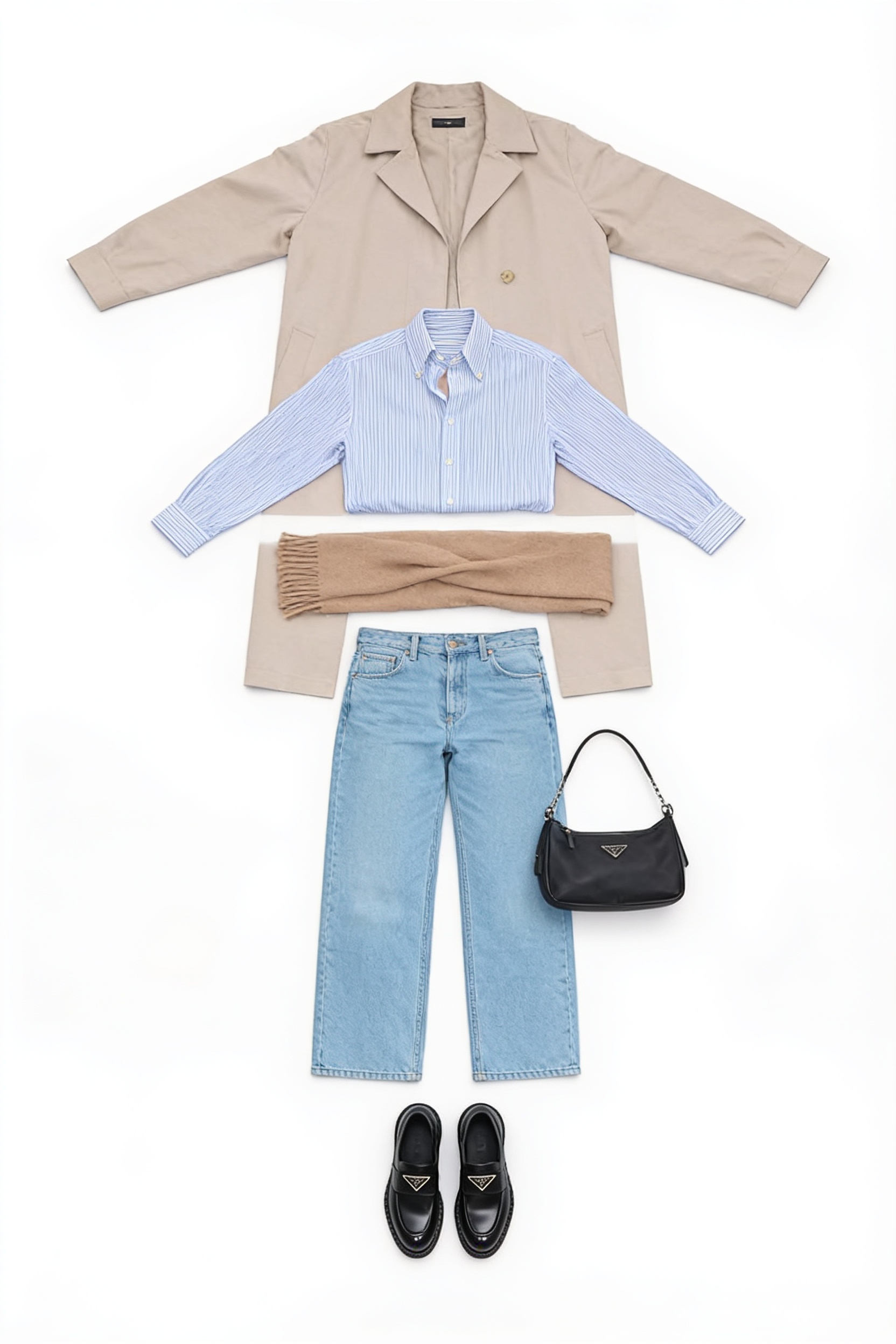Beige trench coat and blue straight-leg jeans