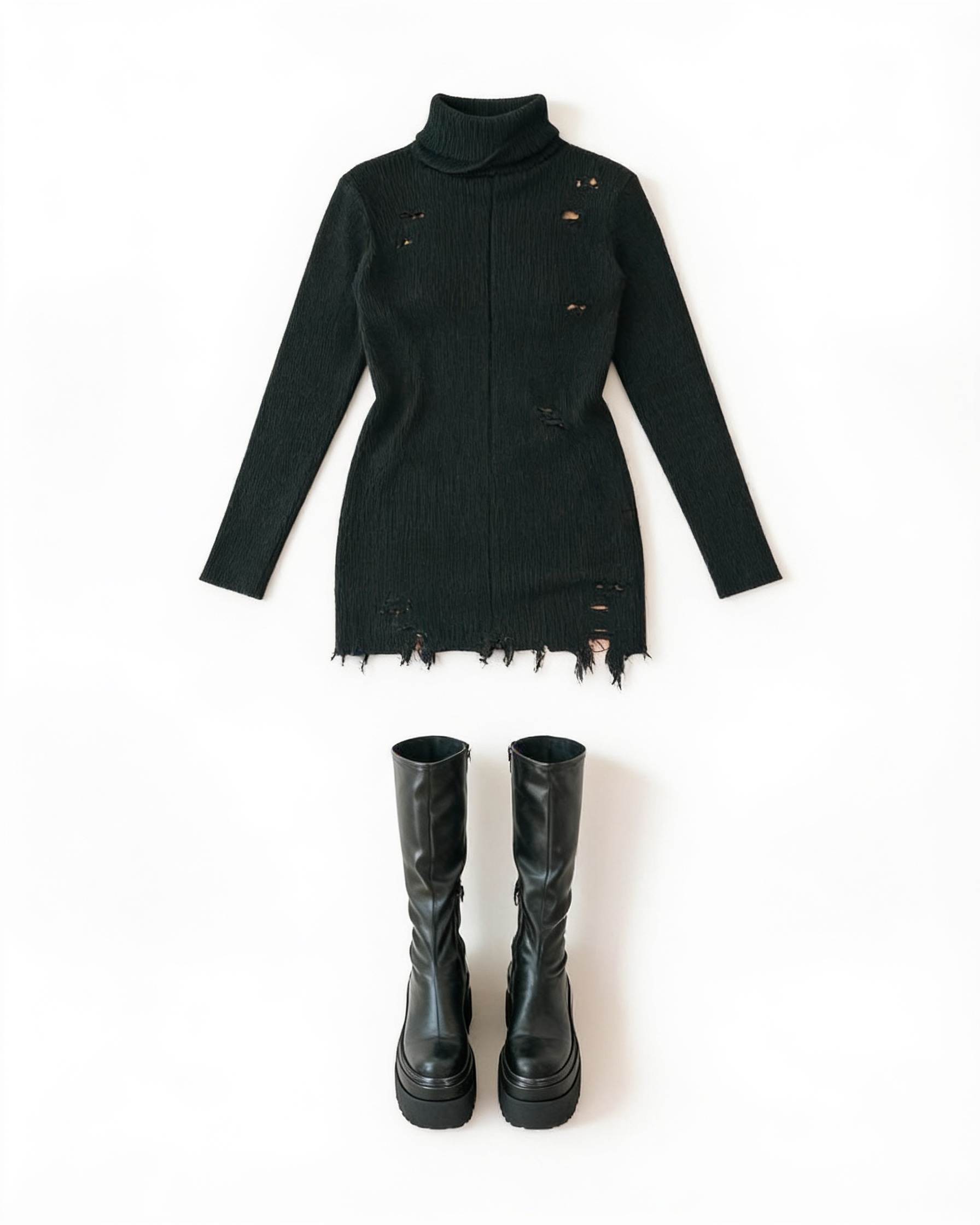 Black long-sleeve mini dress and chunky tall boots