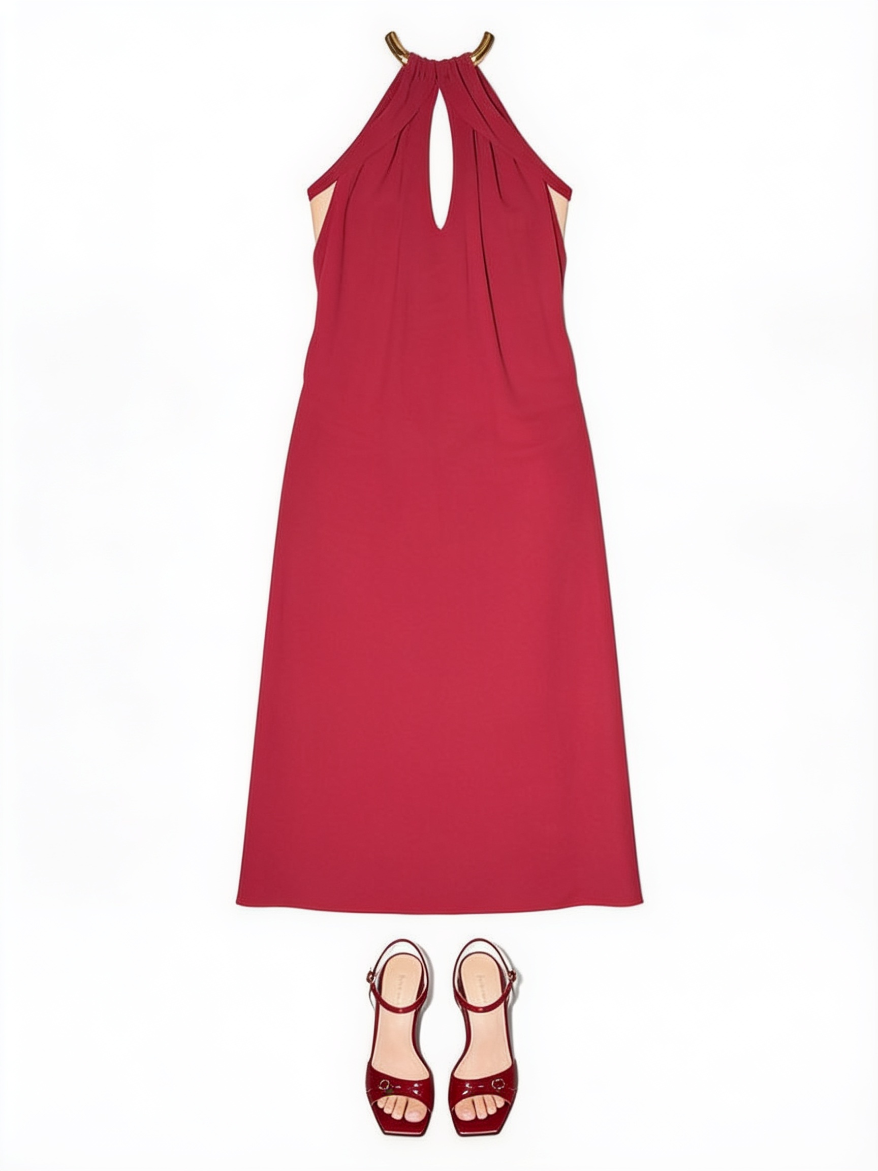 Burgundy ring-neck halter midi dress