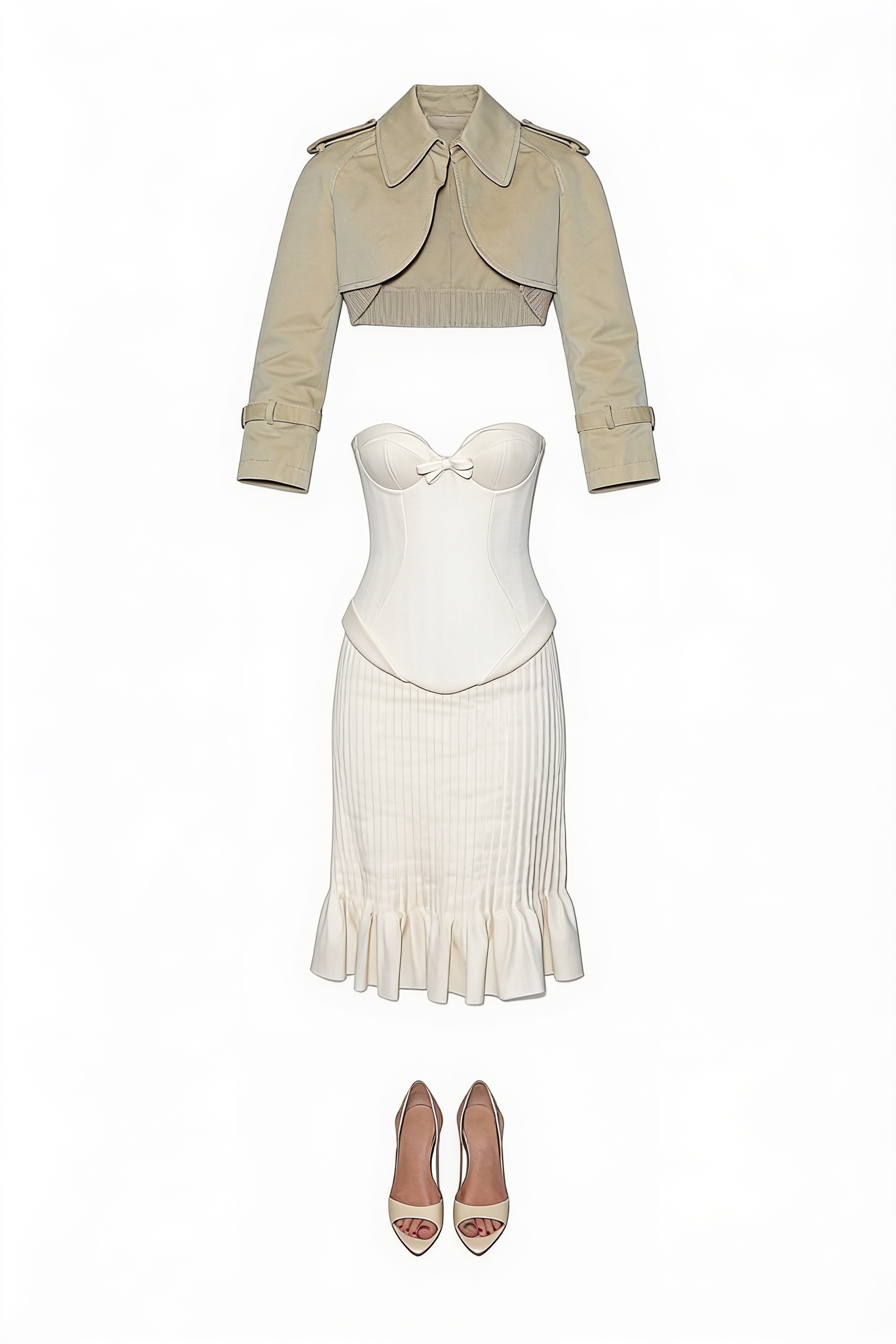 Cropped beige jacket and white fringe dress