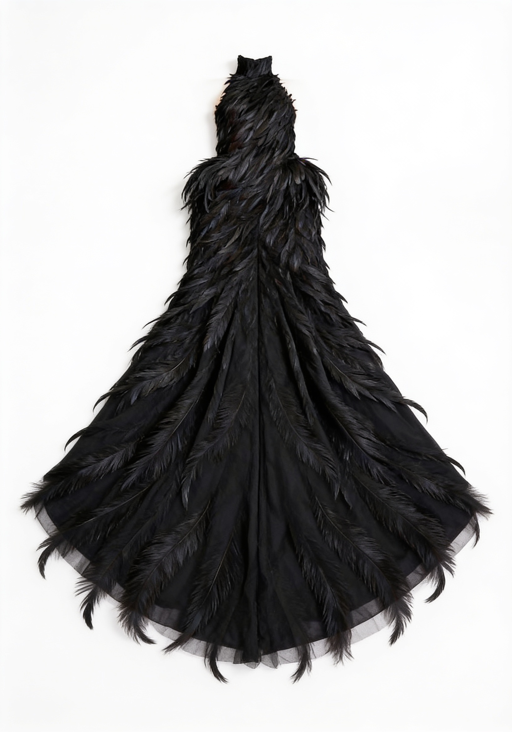 Black feathered high-neck gown