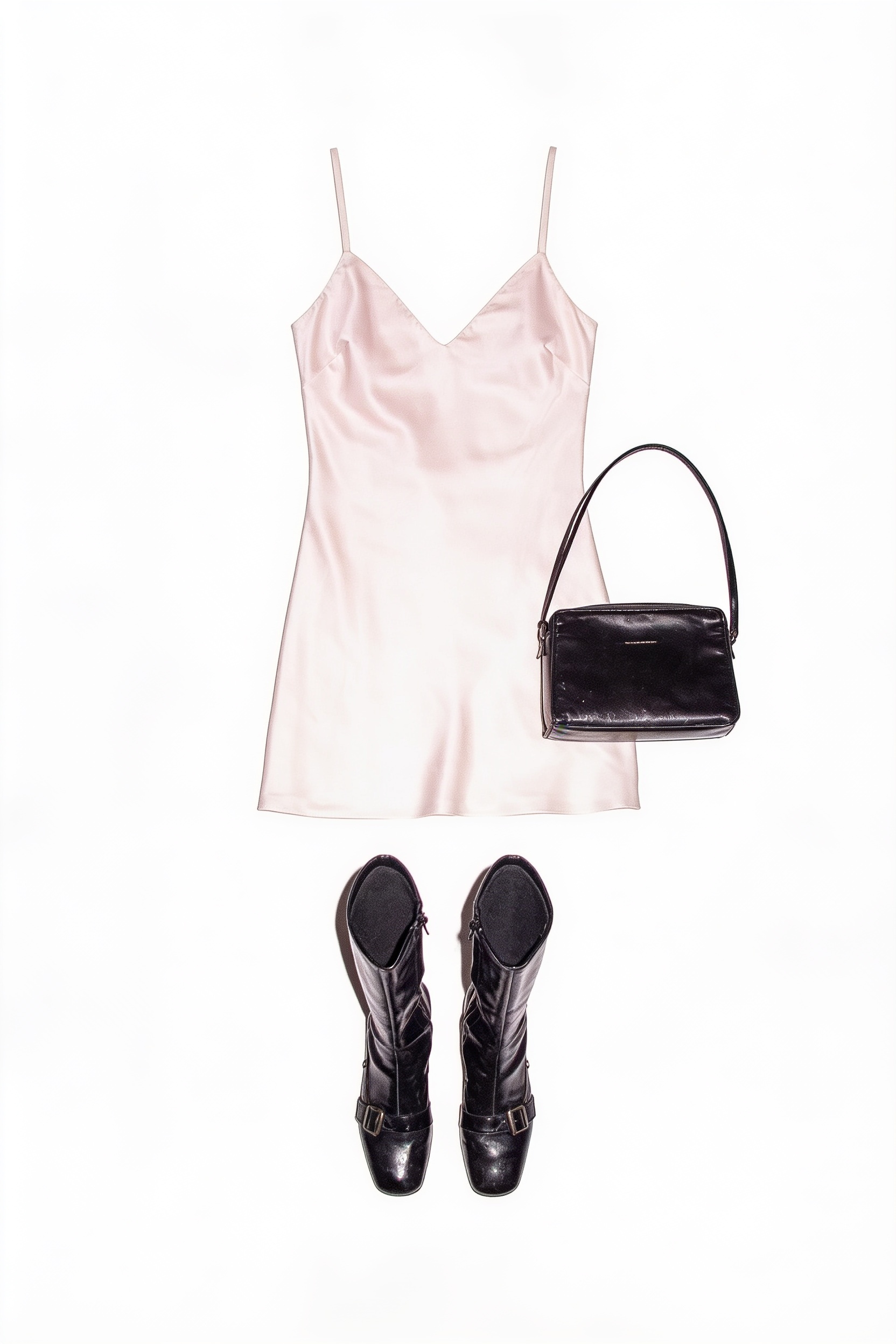 White satin slip mini dress and lace-up boots