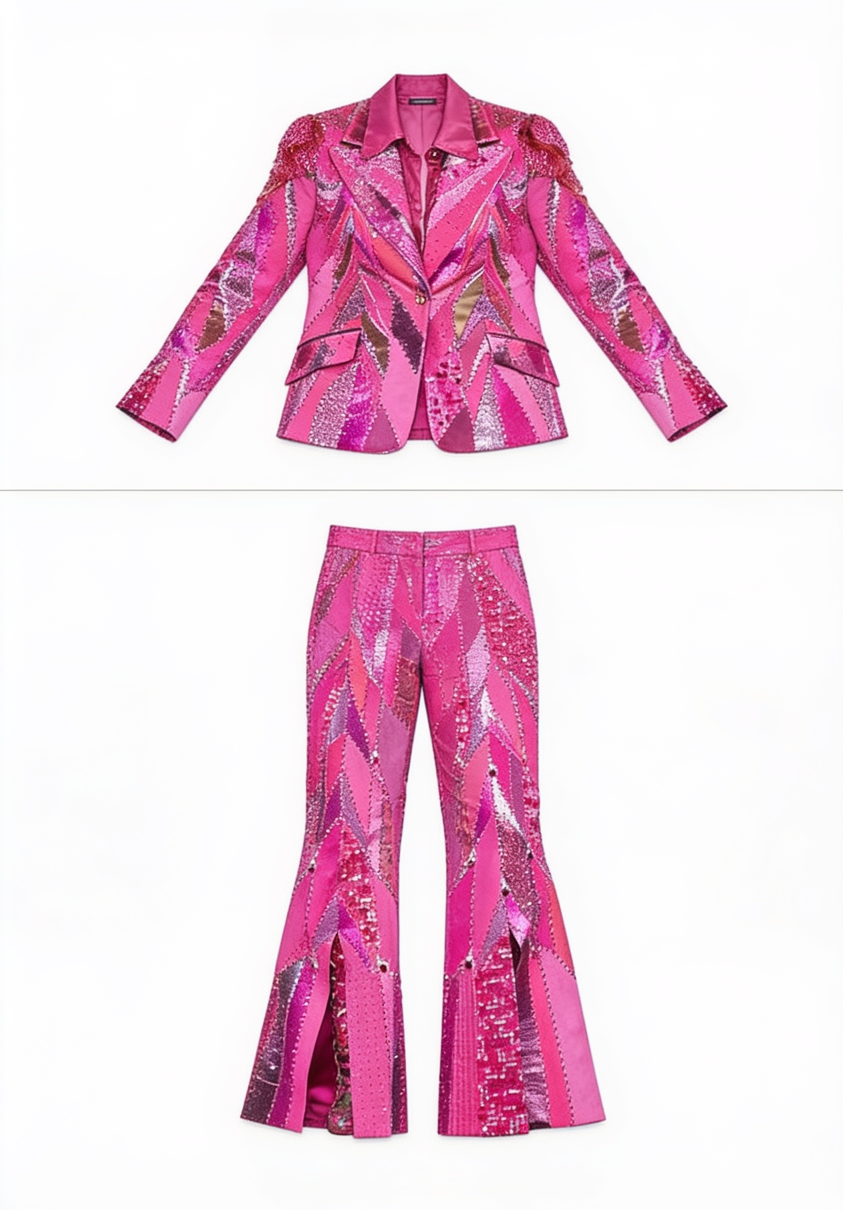 Hot pink embellished blazer and flared trousers