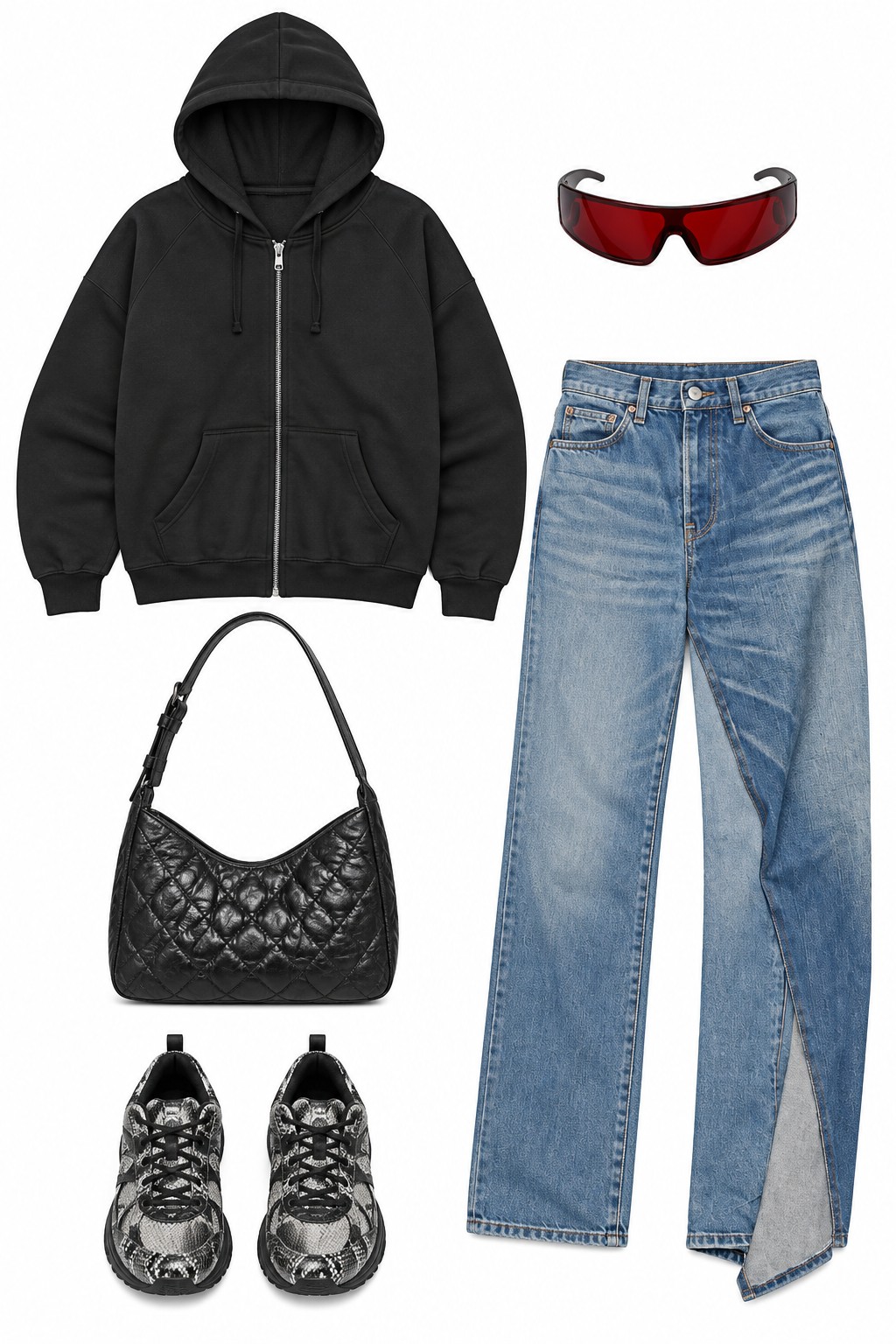 Black hoodie and panelled denim jeans