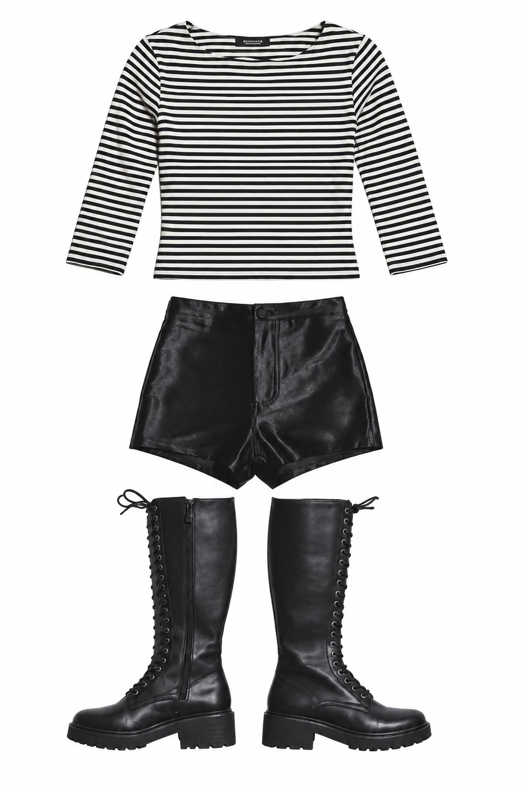 Striped cropped top and black high-waisted shorts