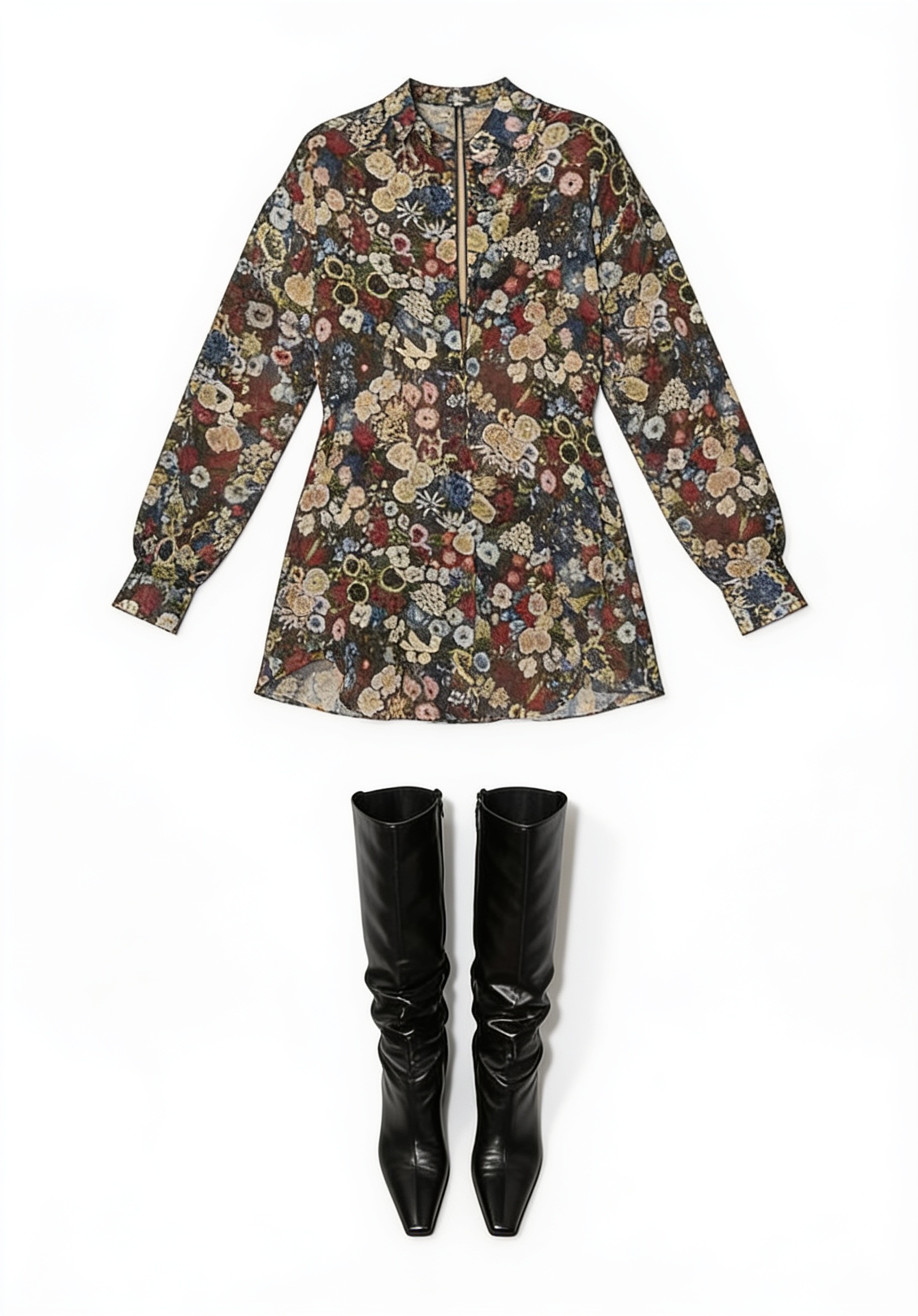Floral sheer shirt and black knee boots