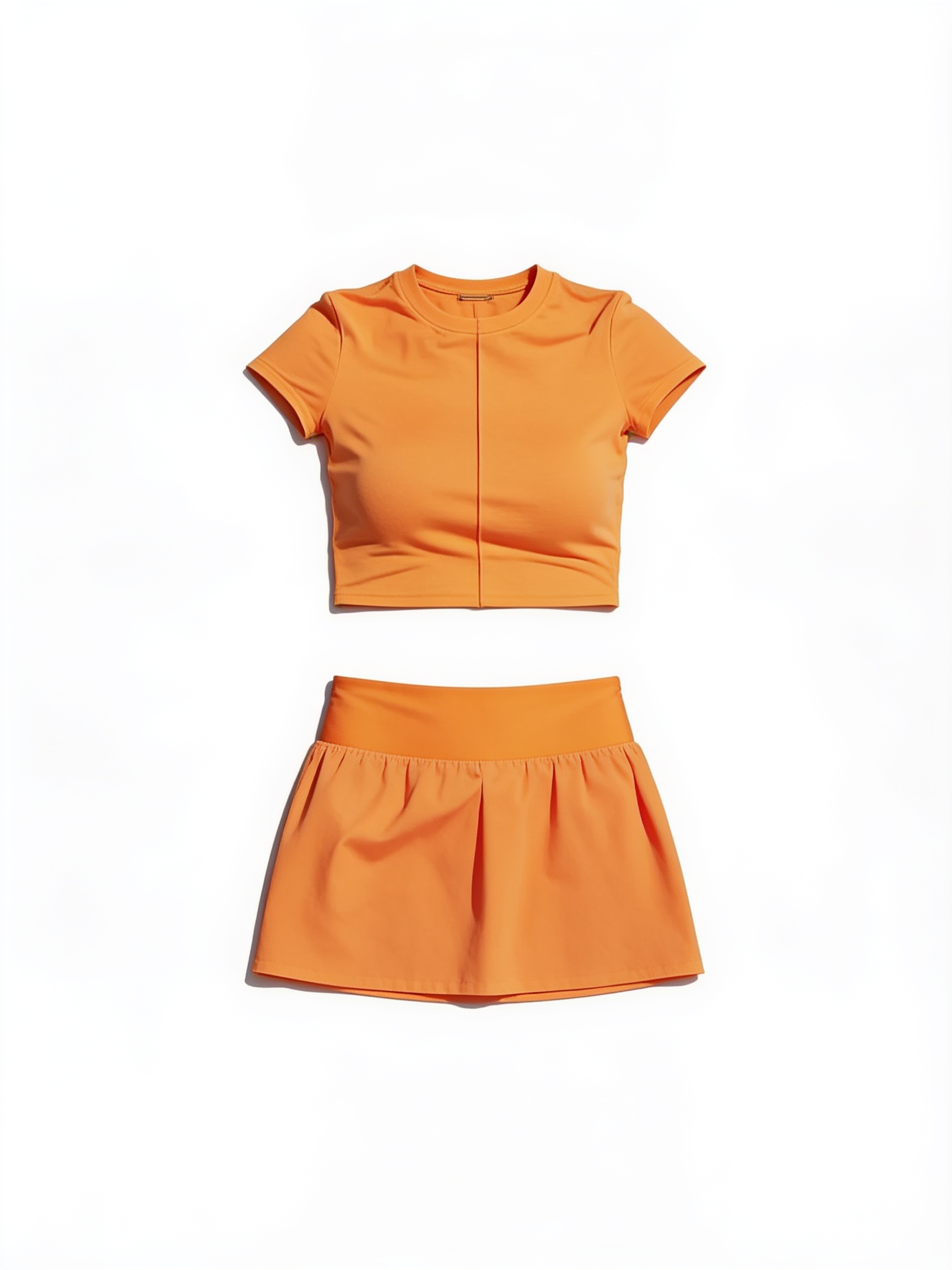 Orange cropped tee and running shorts