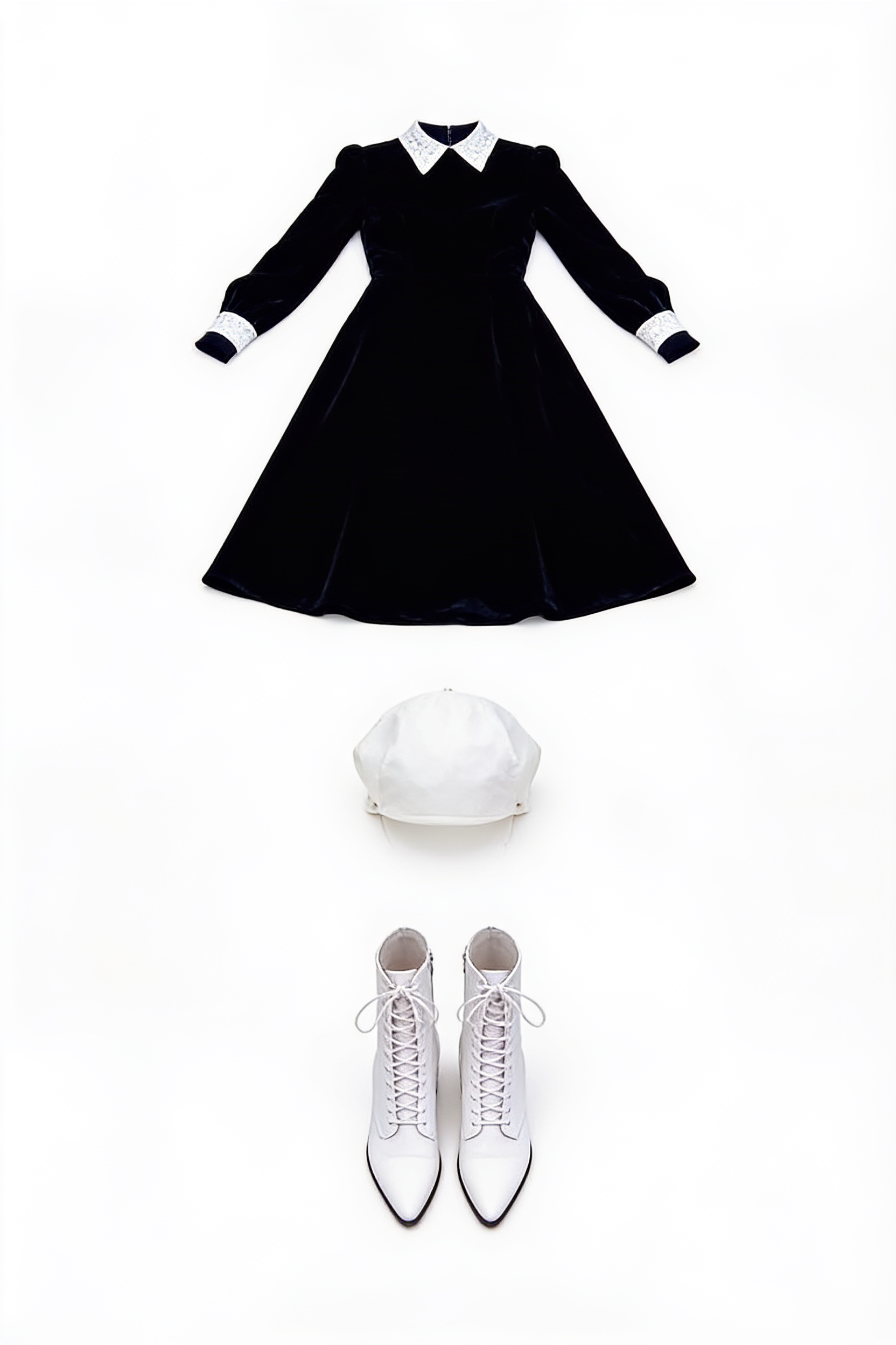 Black velvet midi dress with white collar
