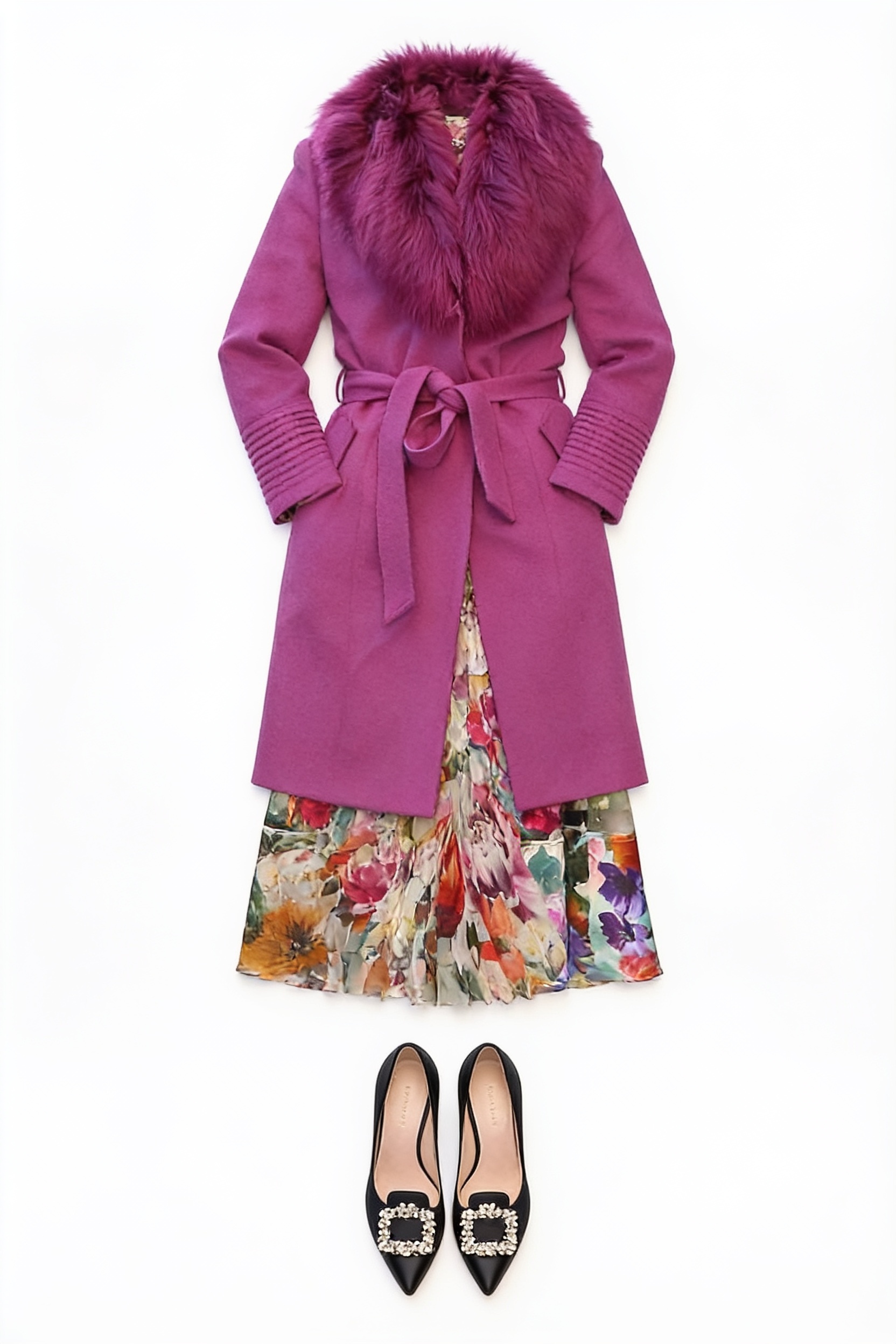 Magenta wrap coat and floral midi dress