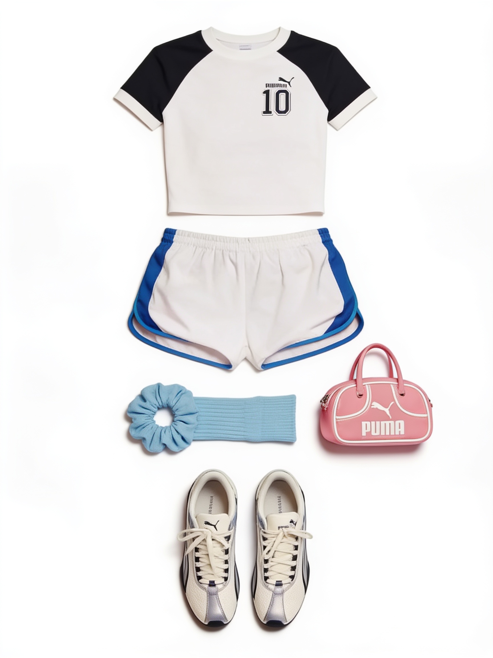 White and navy sports tee and running shorts